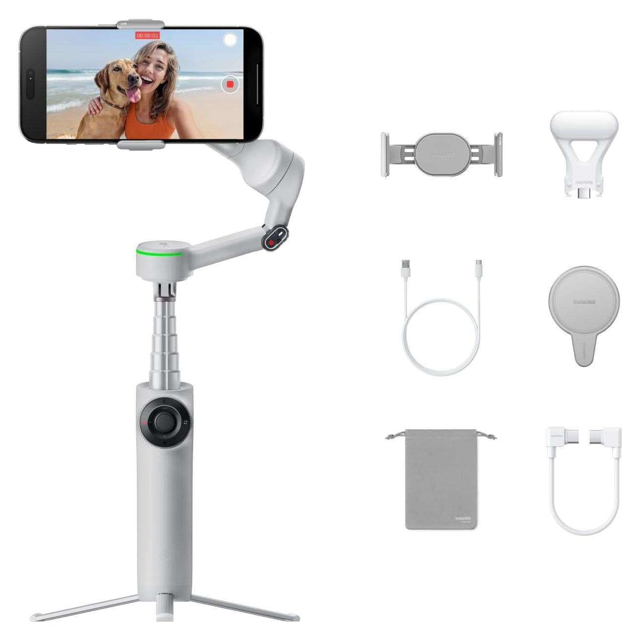 Insta360 Flow 2 Pro Creator Bundle Grey - Foldable AI Phone Gimbal, Apple DockKit, 360º Pan Tracking, Free Tilt Mode, Built-in Tripod/Selfie Stick, Portable Vlog/Travel Stabilizer, Spotlight, MagSafe