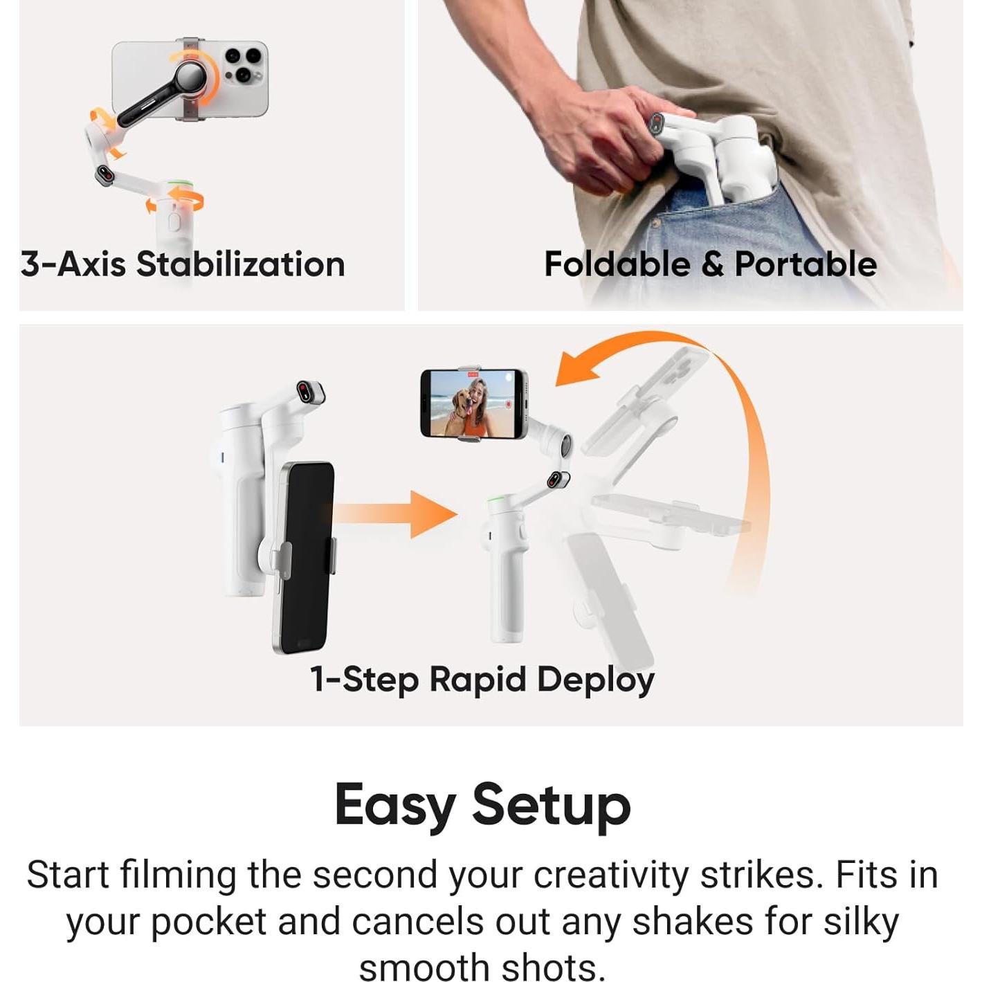 Insta360 Flow 2 Pro Creator Bundle Grey - Foldable AI Phone Gimbal, Apple DockKit, 360º Pan Tracking, Free Tilt Mode, Built-in Tripod/Selfie Stick, Portable Vlog/Travel Stabilizer, Spotlight, MagSafe