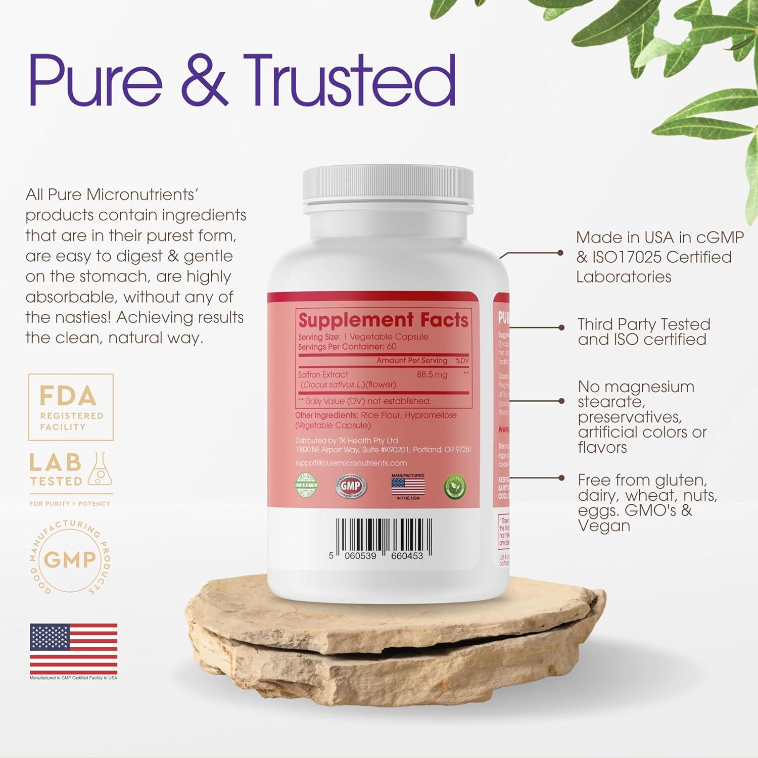 Cápsulas de Azafrán Puro Pure Micronutrients 28g - Energía y Salud