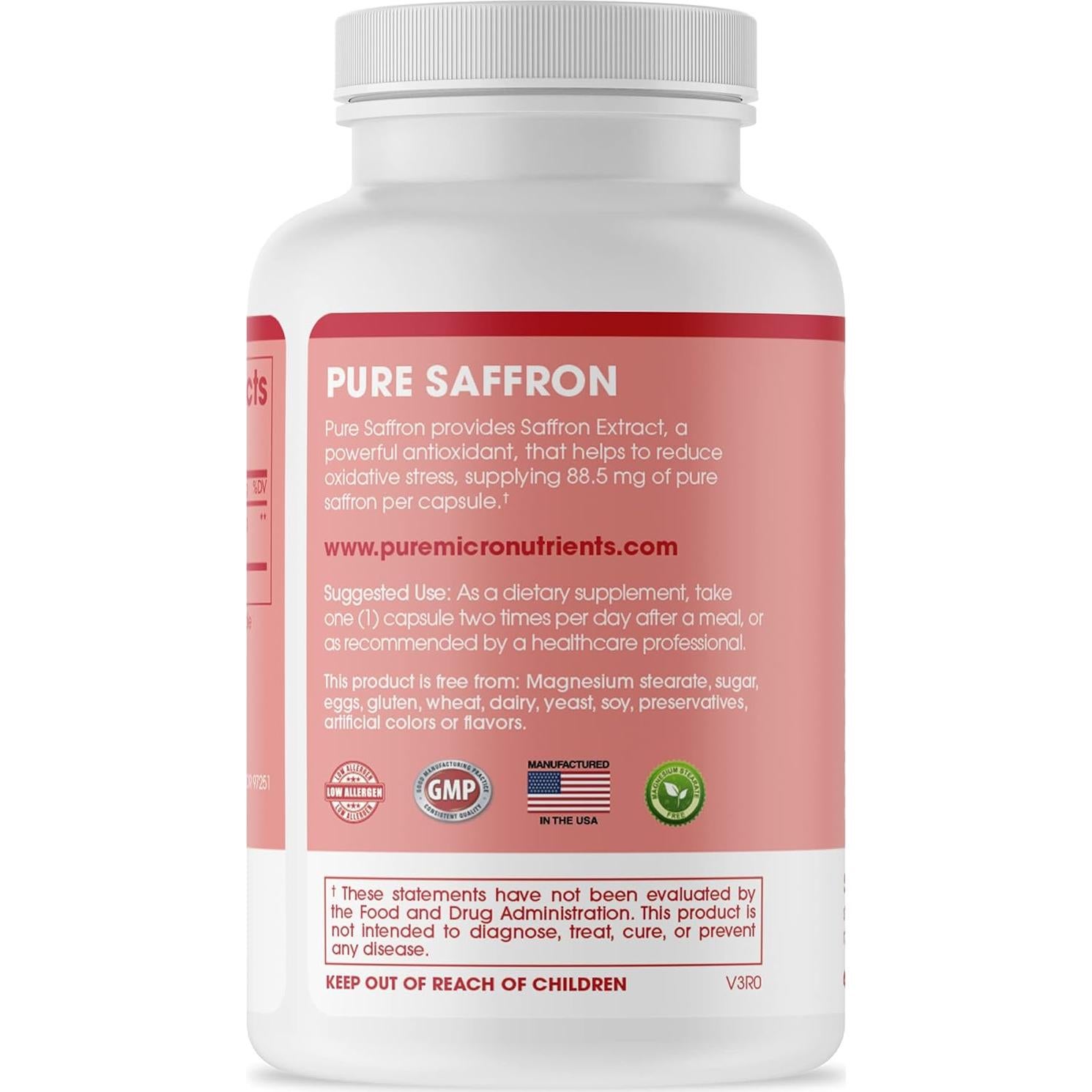 Cápsulas de Azafrán Puro Pure Micronutrients 28g - Energía y Salud
