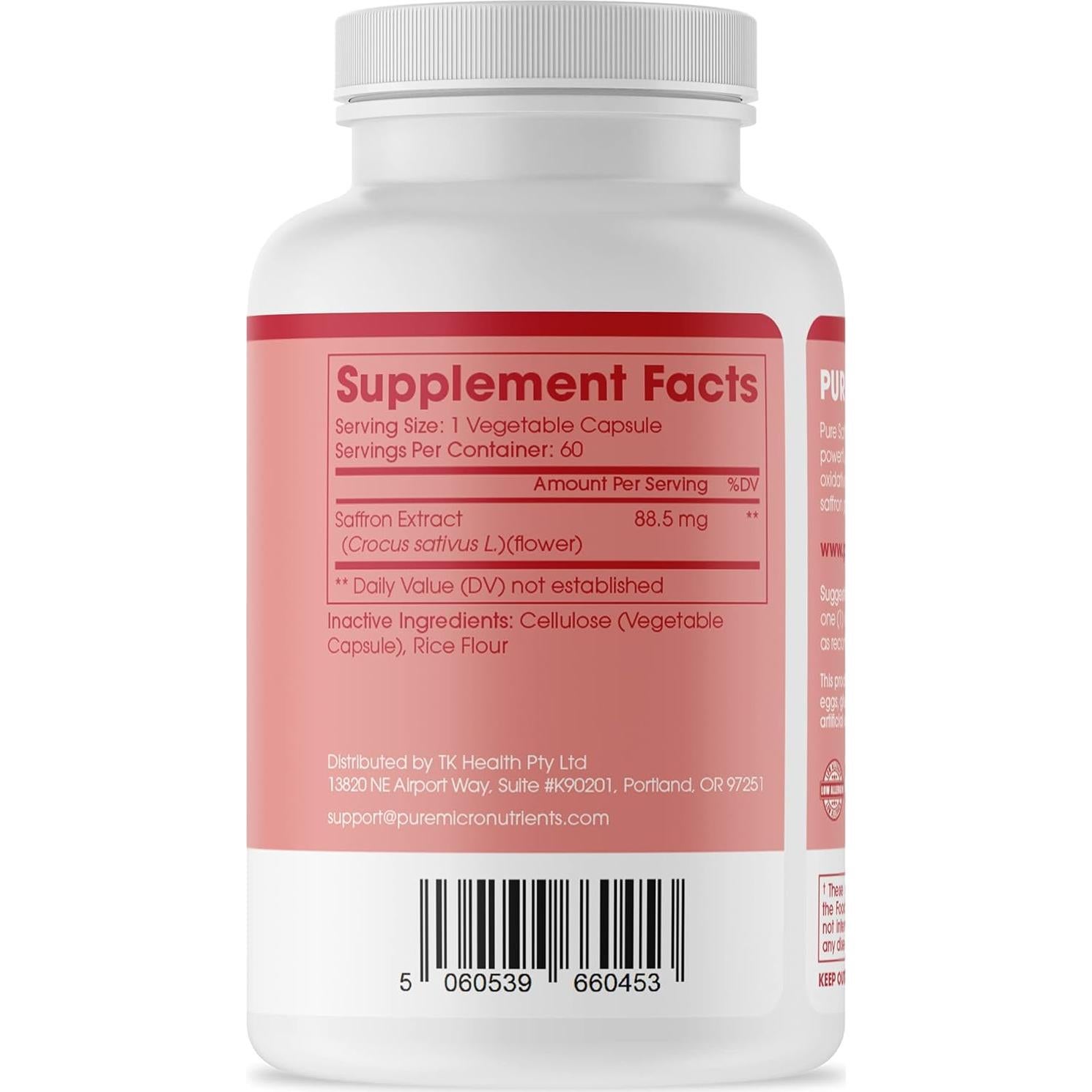 Cápsulas de Azafrán Puro Pure Micronutrients 28g - Energía y Salud