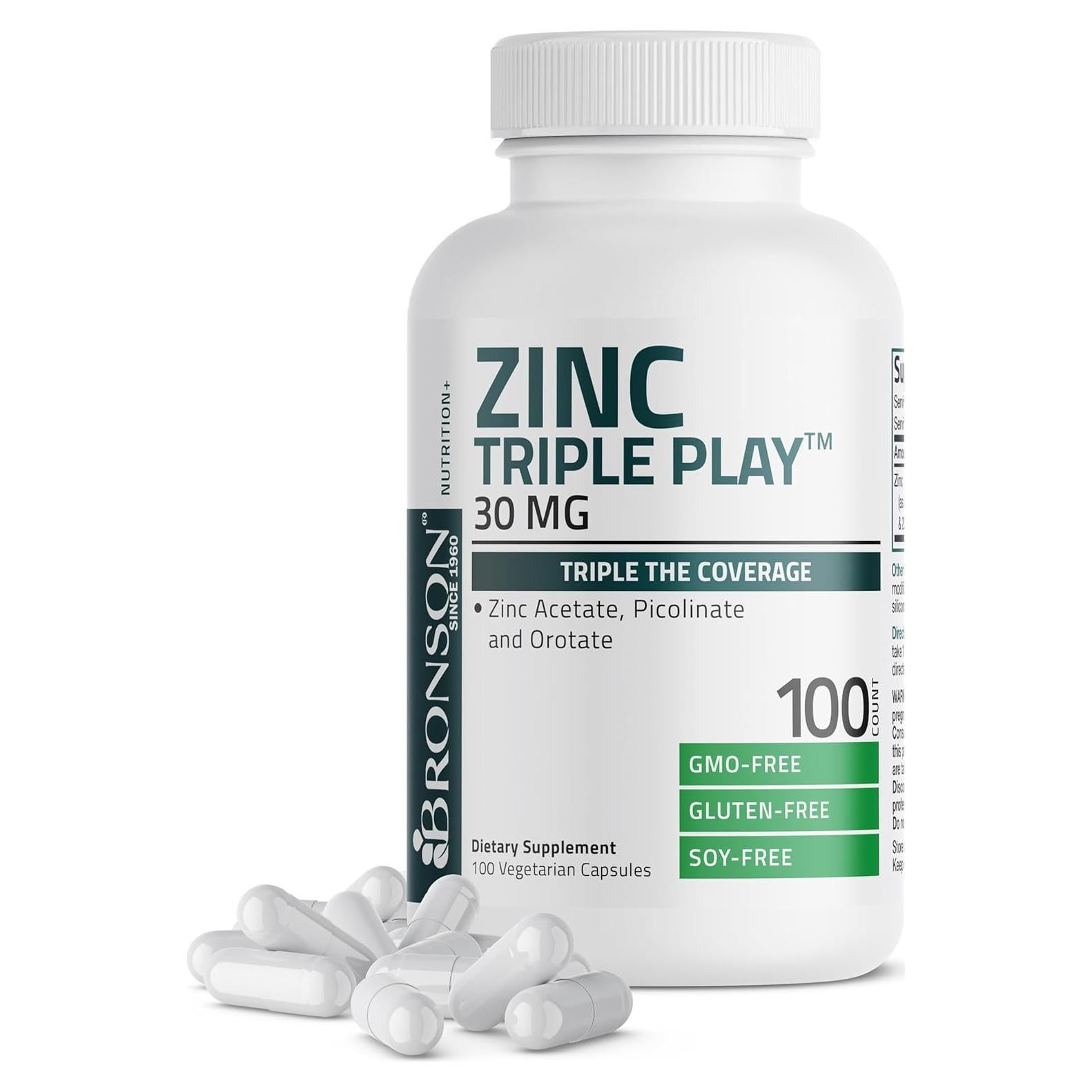 Bronson Zinc Triple Play 30 mg - 100 Cápsulas Vegetarianas