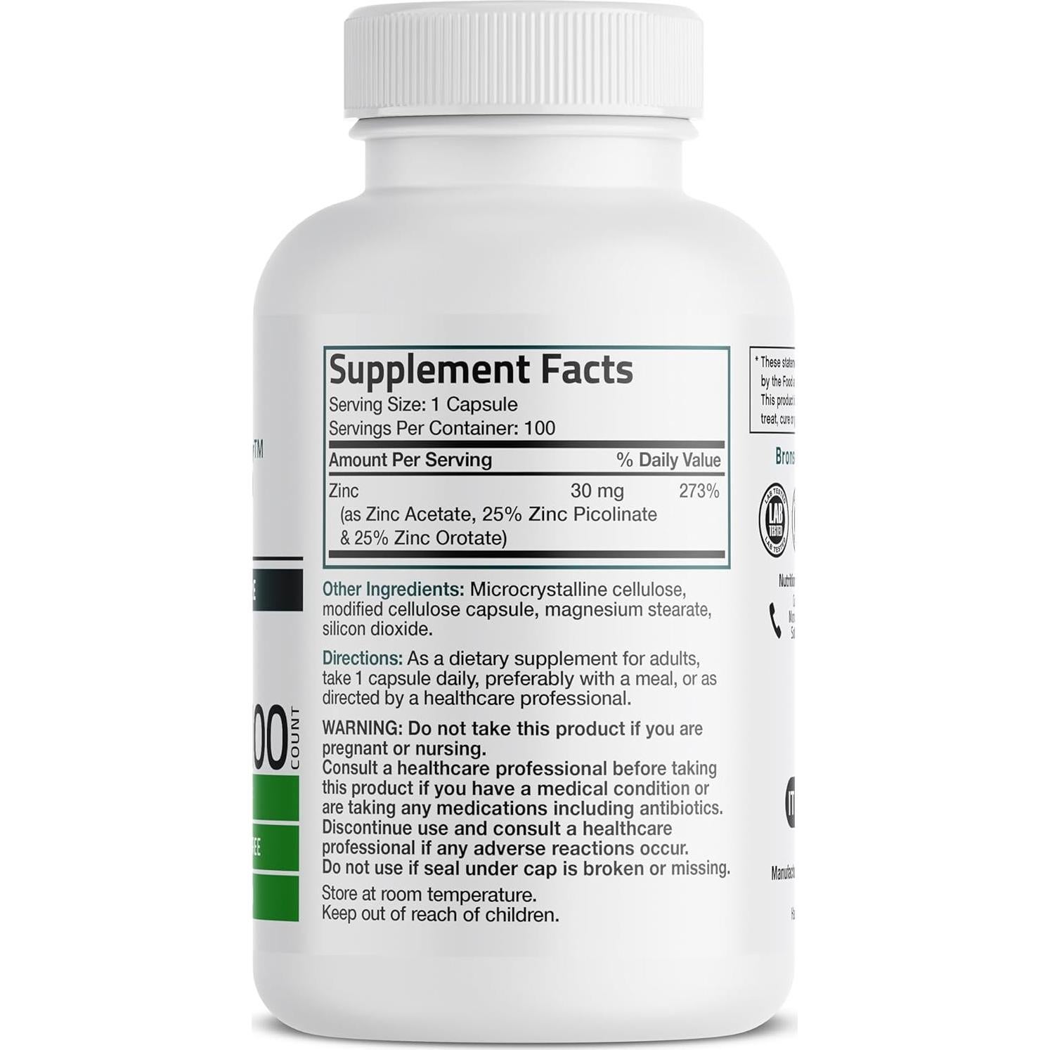 Bronson Zinc Triple Play 30 mg - 100 Cápsulas Vegetarianas