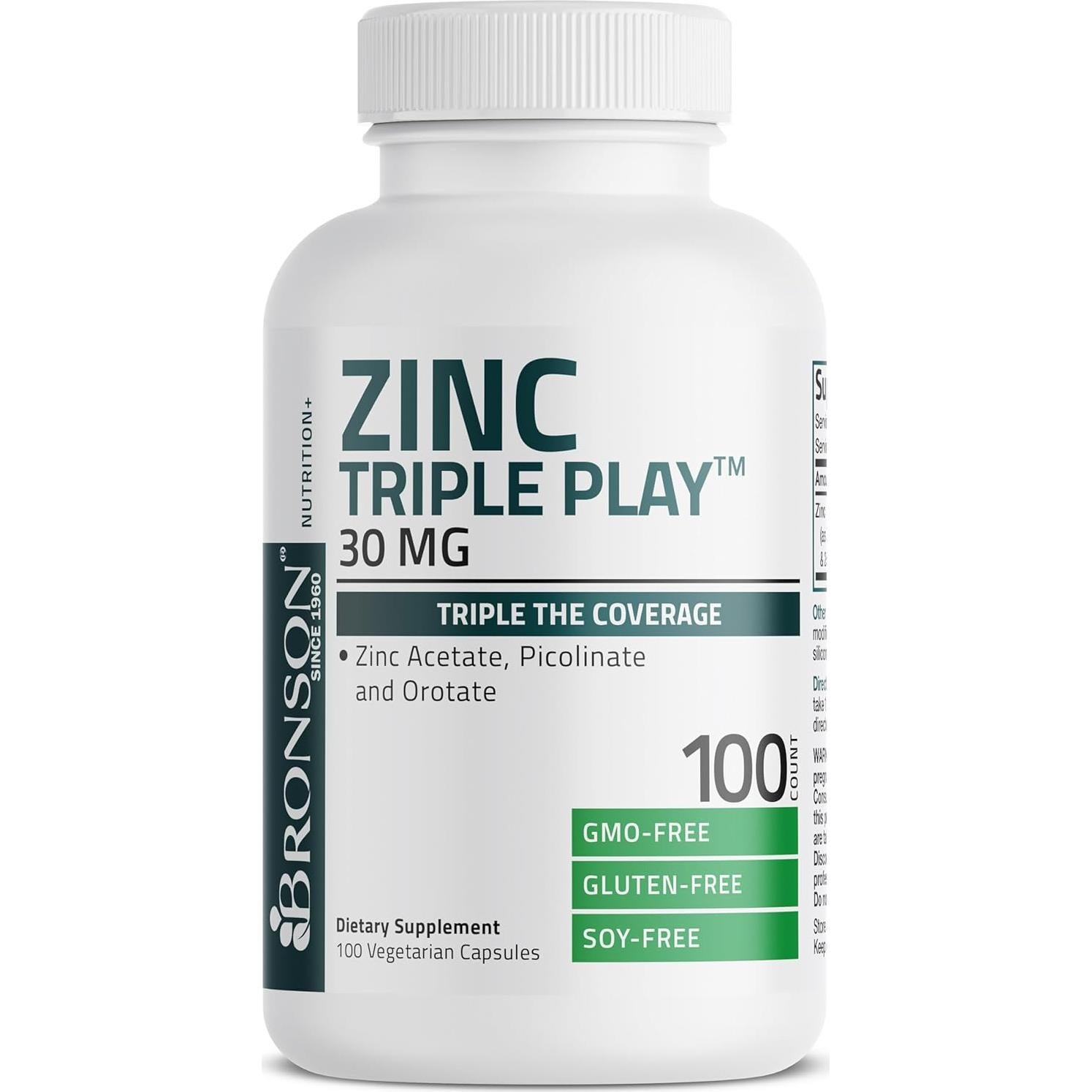 Bronson Zinc Triple Play 30 mg - 100 Cápsulas Vegetarianas