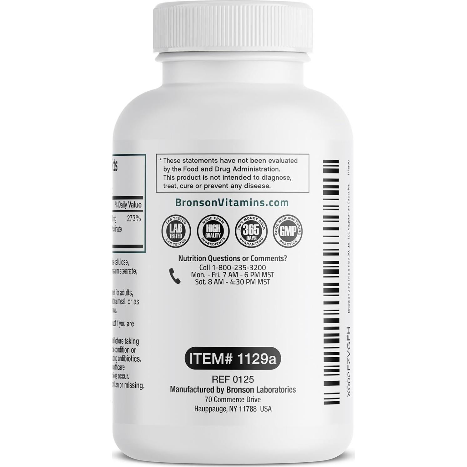 Bronson Zinc Triple Play 30 mg - 100 Cápsulas Vegetarianas