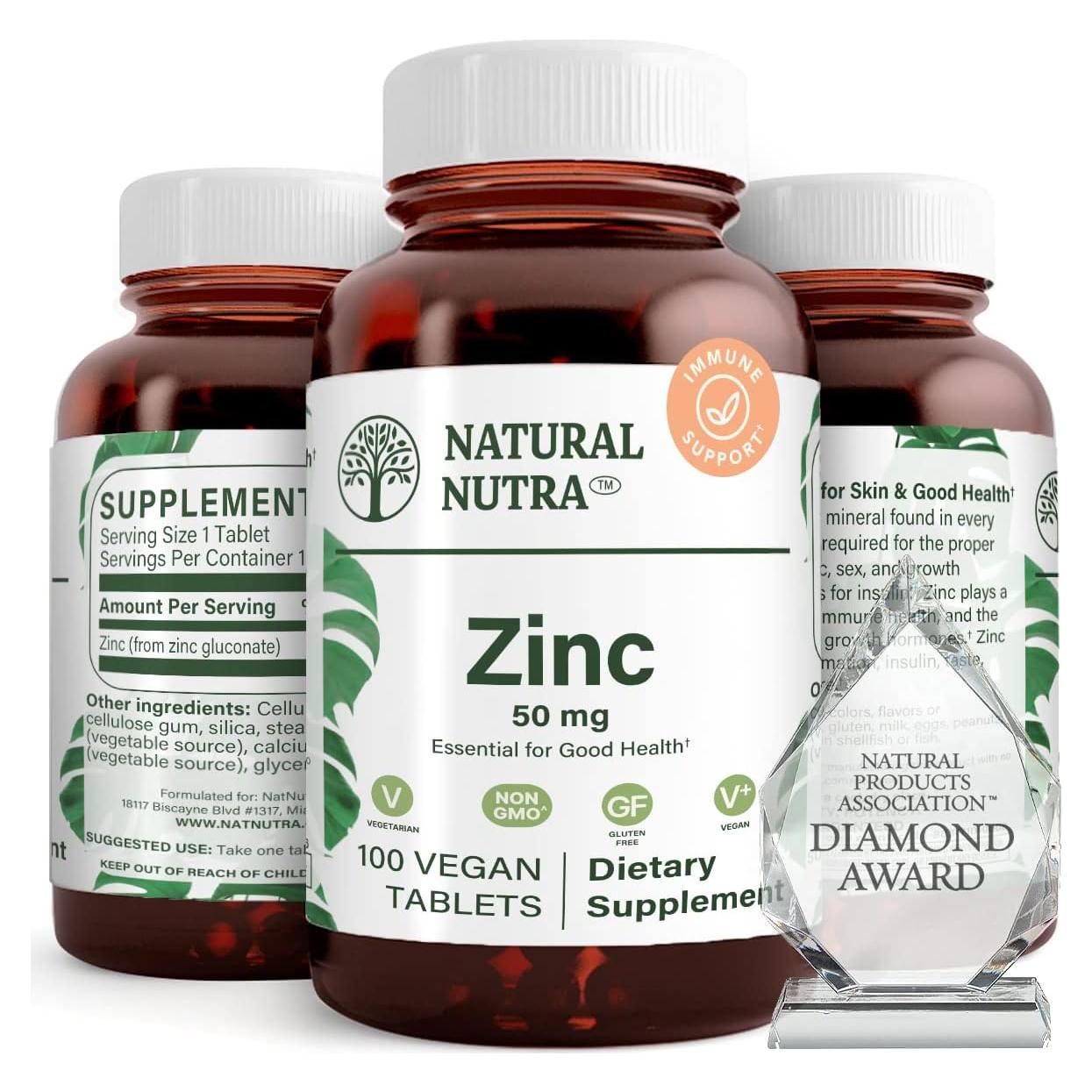 Suplemento de Gluconato de Zinc Natural Nutra 50mg 100 Tabletas Veganas
