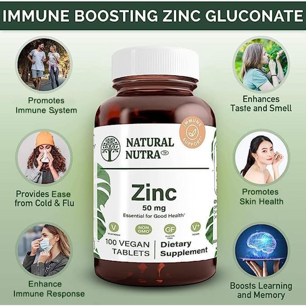 Suplemento de Gluconato de Zinc Natural Nutra 50mg 100 Tabletas Veganas