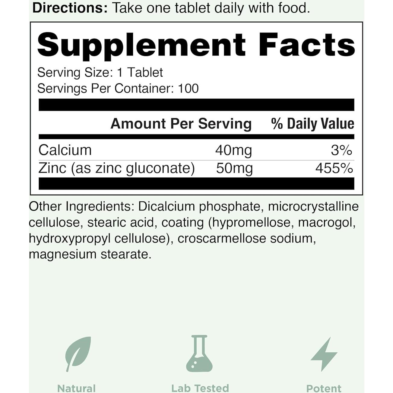 Suplemento de Zinc Vegano Yuve 50mg - 100 Tabletas Vegetarianas