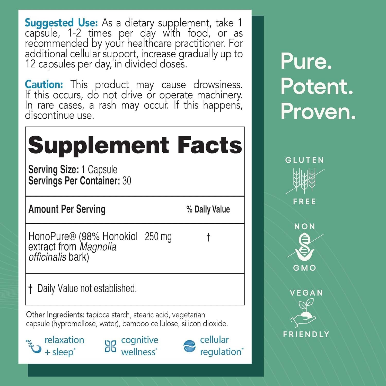 EcoNugenics HonoPure 30 Cápsulas - 98% Honokiol Puro, Soporte Cognitivo y Antioxidante