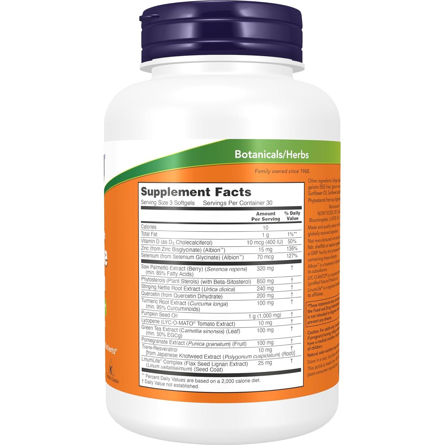 Suplemento Prostático NOW 90 Softgels con Palma Enana y Licopeno