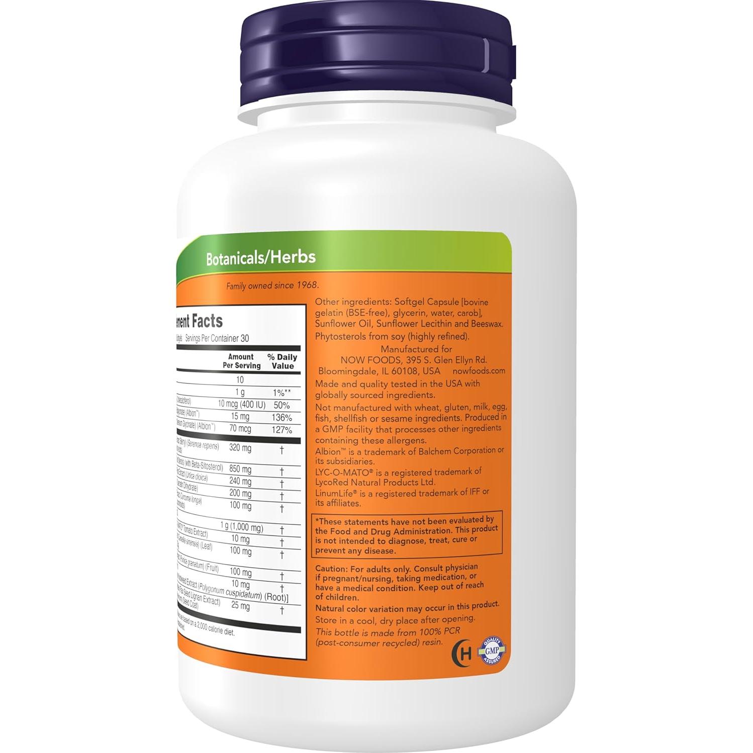 Suplemento Prostático NOW 90 Softgels con Palma Enana y Licopeno