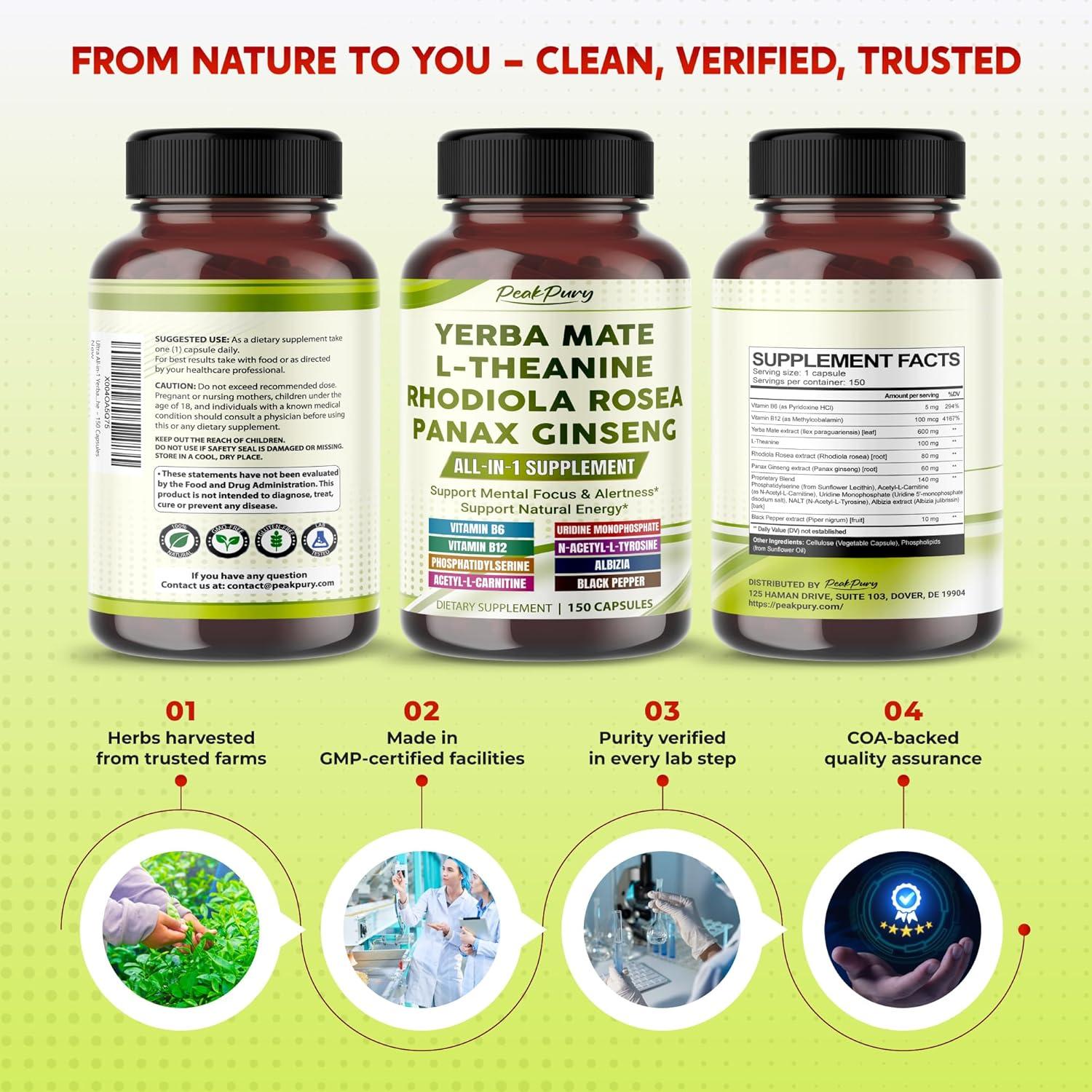 Suplemento de Yerba Mate PeakPury 150 Cápsulas - Energía y Enfoque