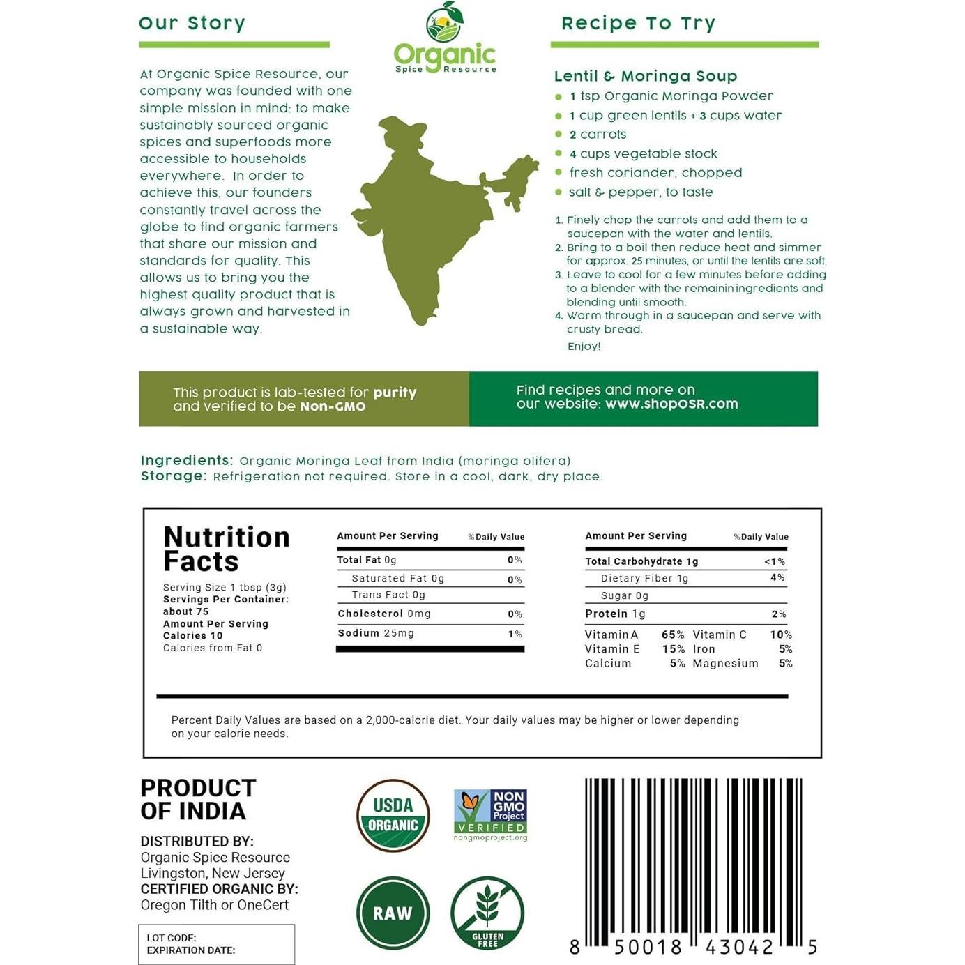 Polvo de Moringa Orgánica 226g - SHOPOSR, 100% Crudo y Natural