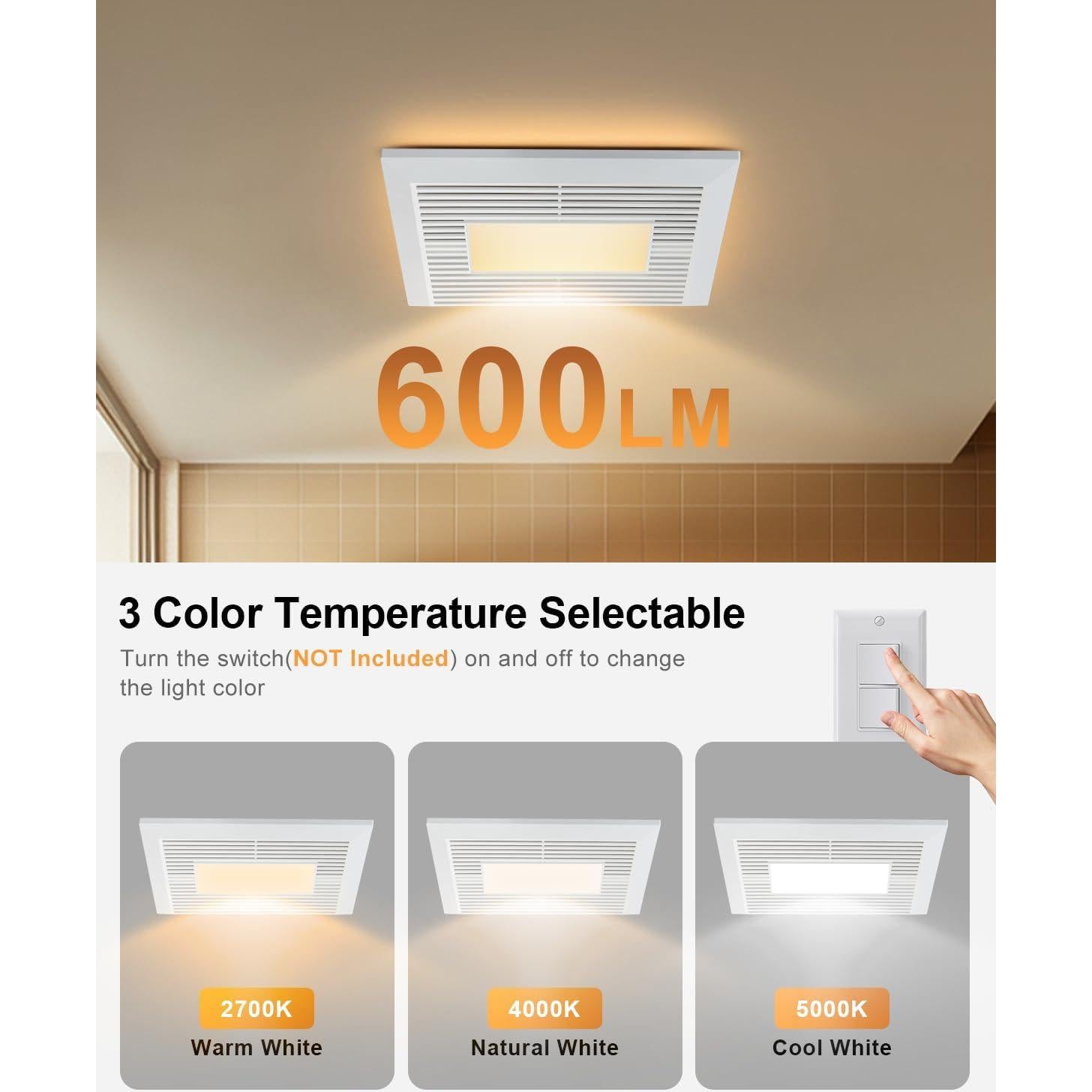 Ventilador de Baño GROWNEER 110 CFM Luz LED 35W Silencioso