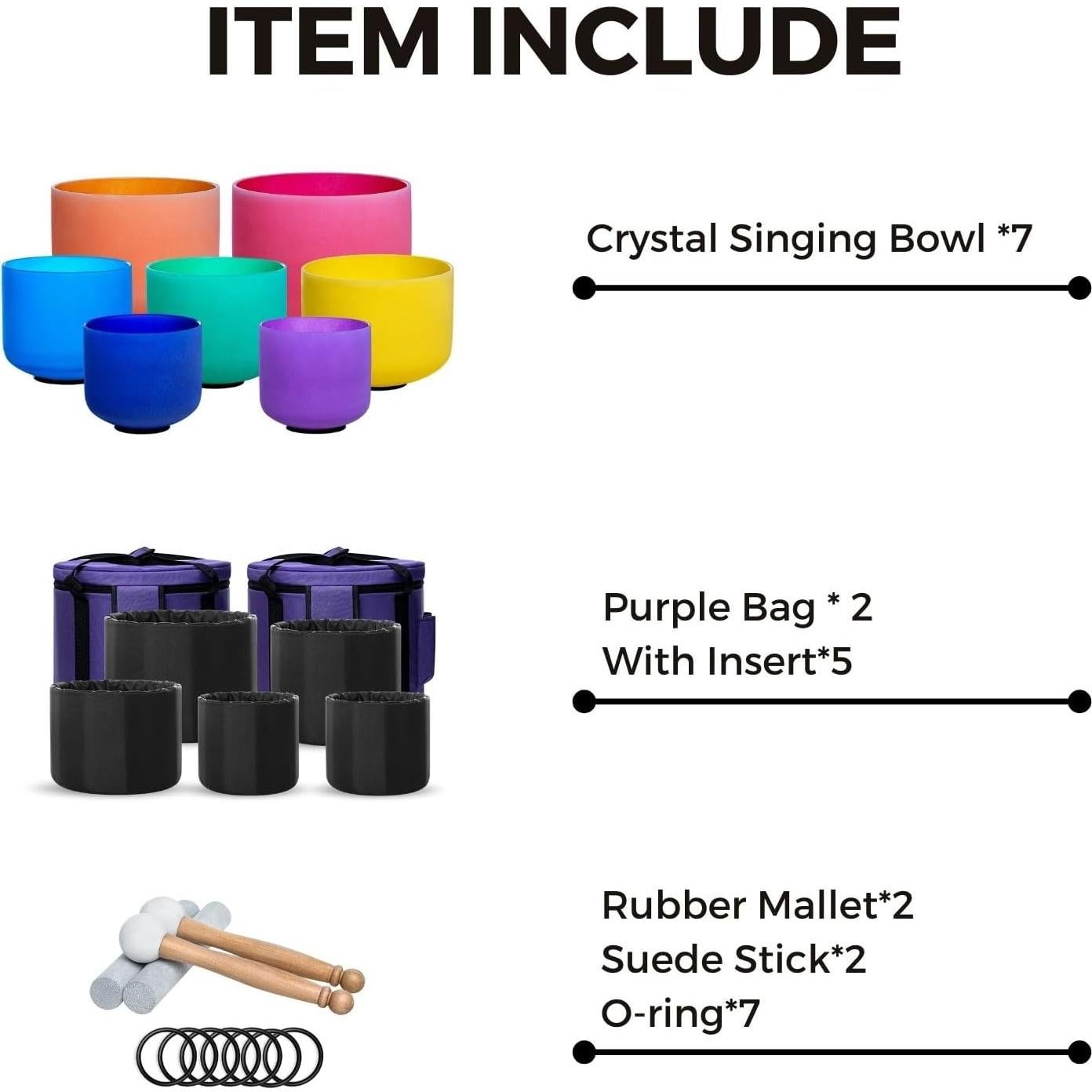 Juego de 7 Cuencos de Canto de Cristal 15-30cm para Meditación