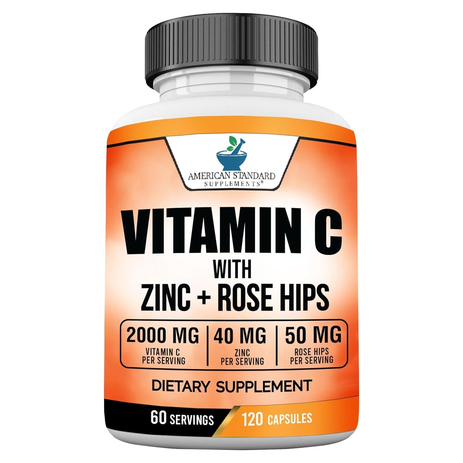Suplementos American Standard Vitamina C 2000mg Zinc 40mg Rosa Mosqueta 50mg Vegano 60 Cápsulas