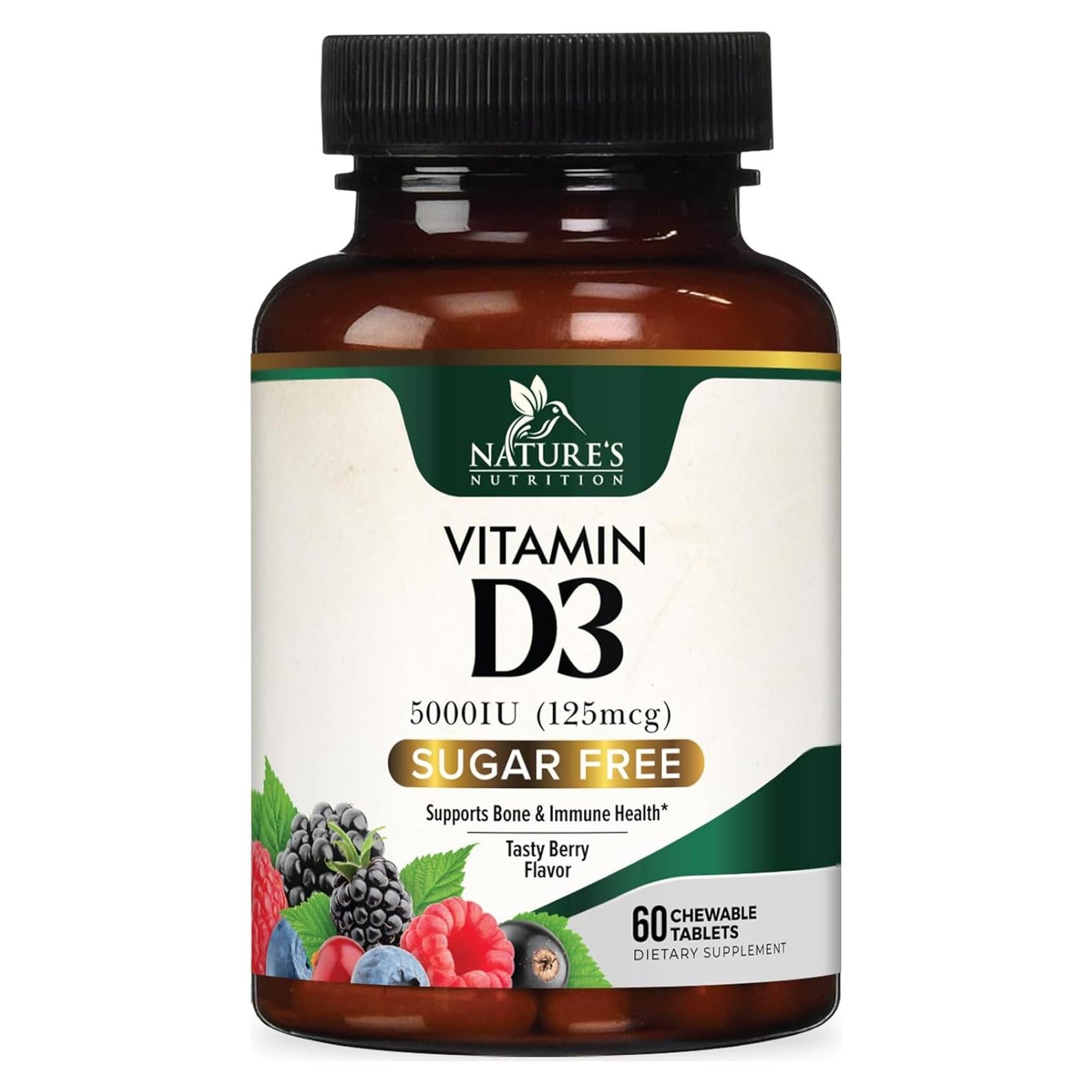 Suplemento Vitamina D3 5000 UI Nature's Nutrition - 60 Tabletas Masticables Sin Azúcar