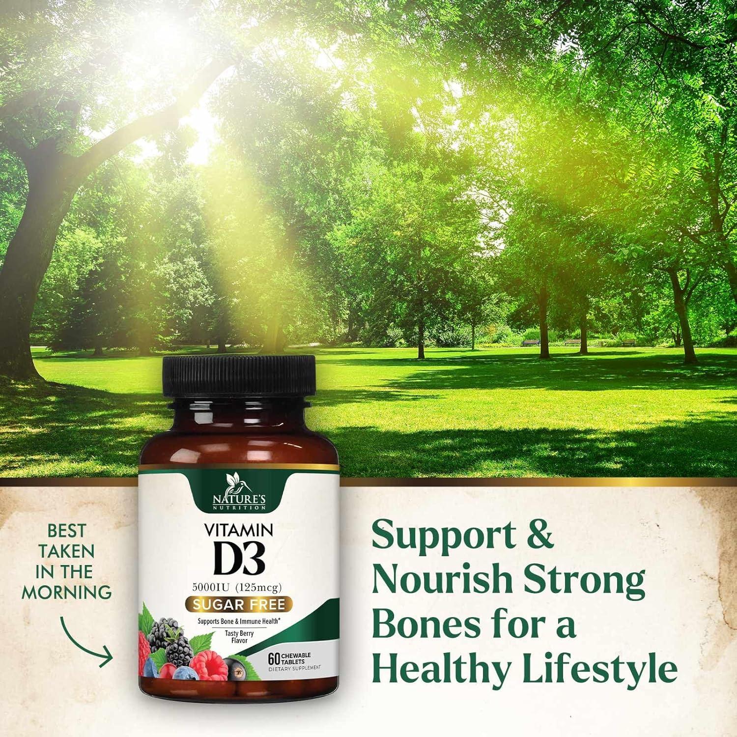 Suplemento Vitamina D3 5000 UI Nature's Nutrition - 60 Tabletas Masticables Sin Azúcar