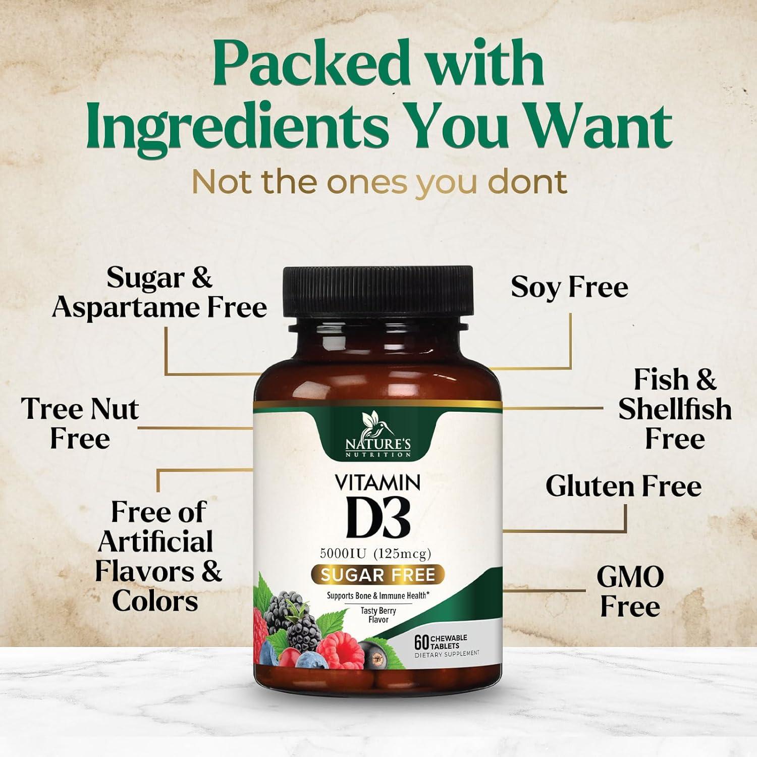 Suplemento Vitamina D3 5000 UI Nature's Nutrition - 60 Tabletas Masticables Sin Azúcar