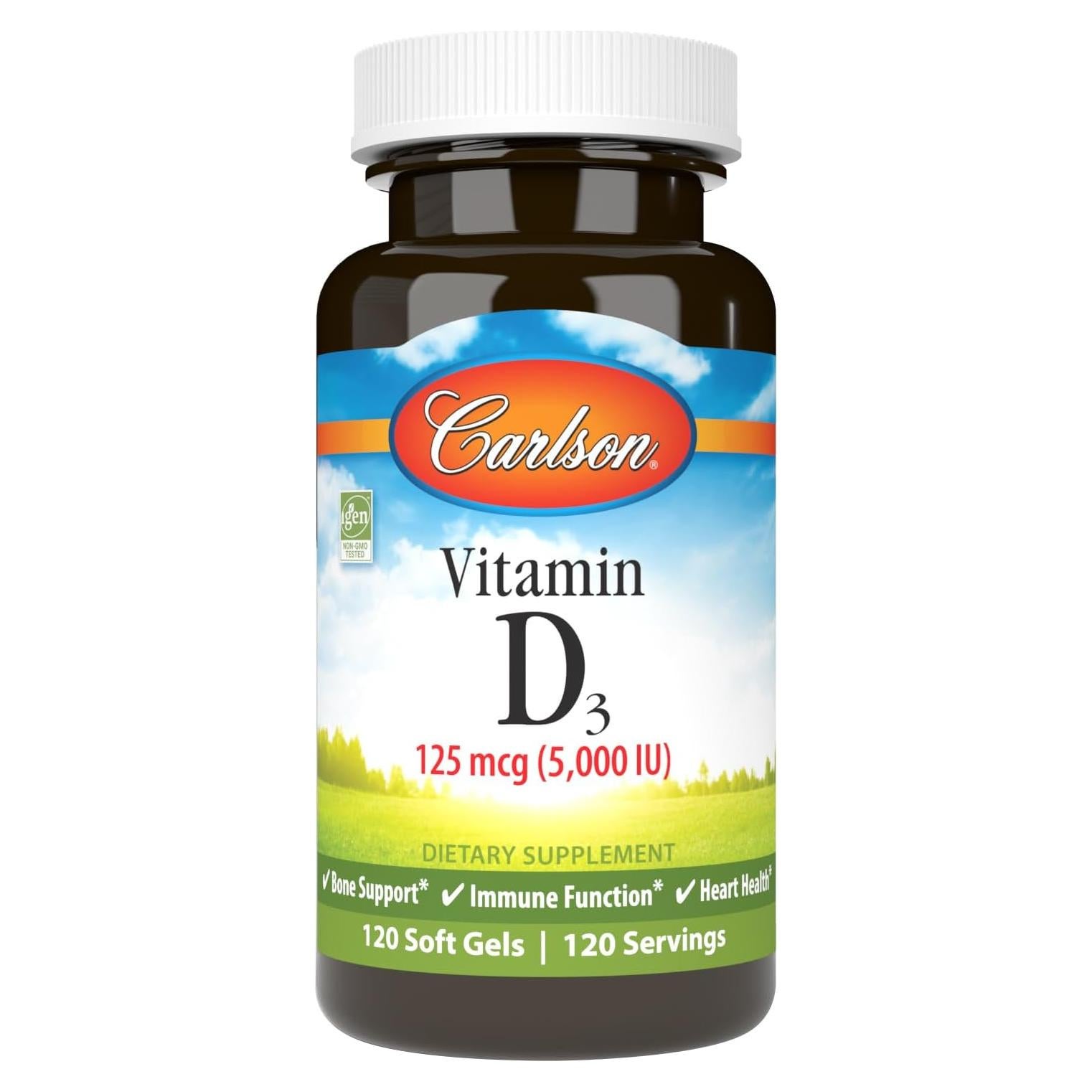 Carlson Vitamina D3 5000 UI 120 Cápsulas Blandas Salud Ósea