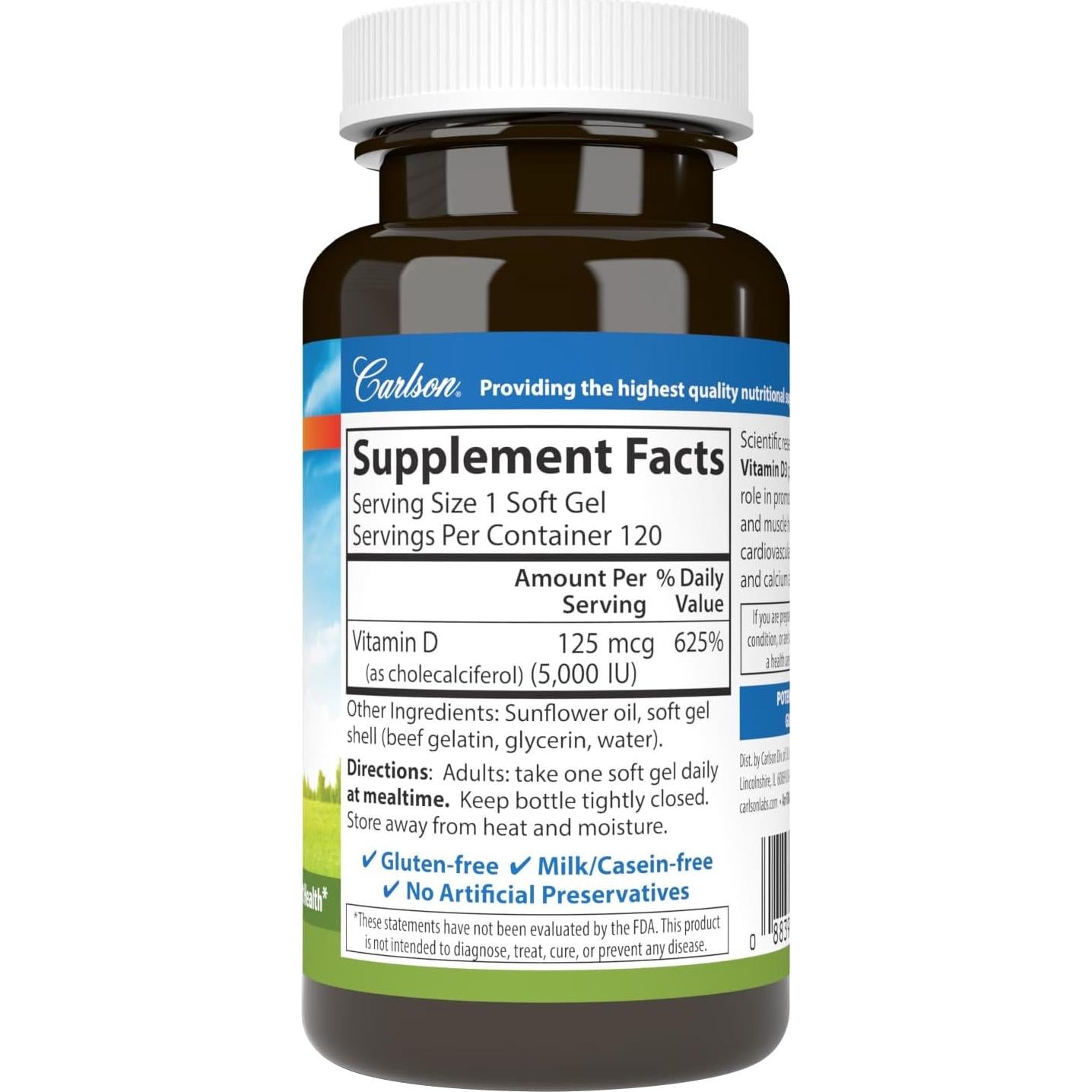 Carlson Vitamina D3 5000 UI 120 Cápsulas Blandas Salud Ósea