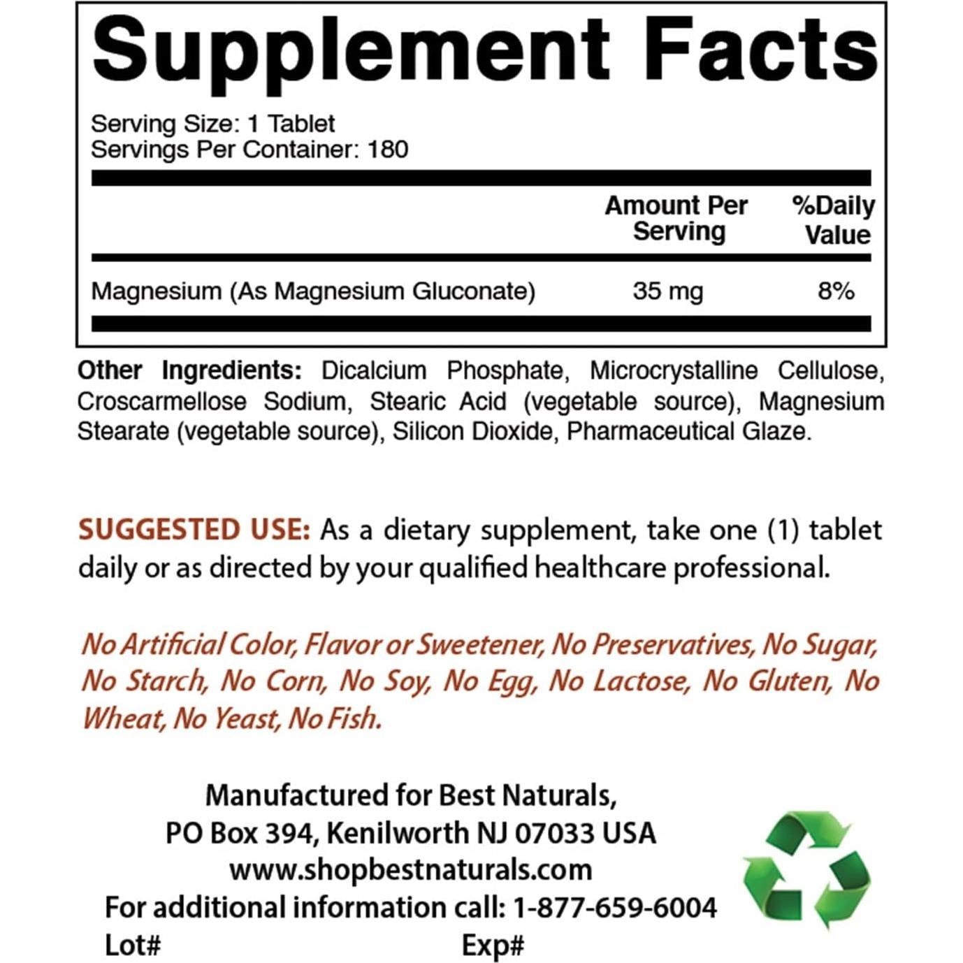 Gluconato de Magnesio Mejor Naturales 180 Tabletas 35 mg