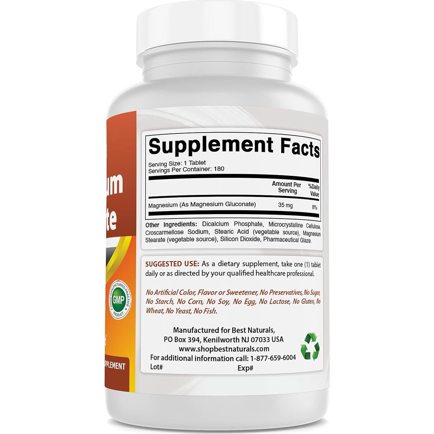 Gluconato de Magnesio Mejor Naturales 180 Tabletas 35 mg