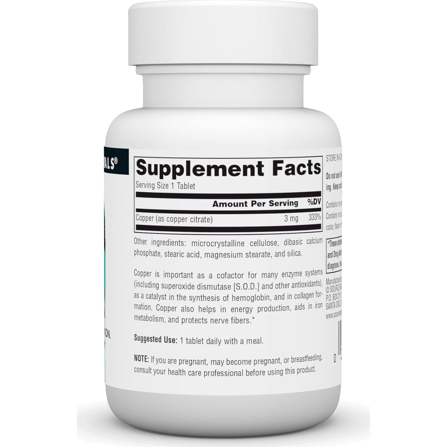 Cobre Source Naturals 3 mg 60 Tabletas Energía y Cognición