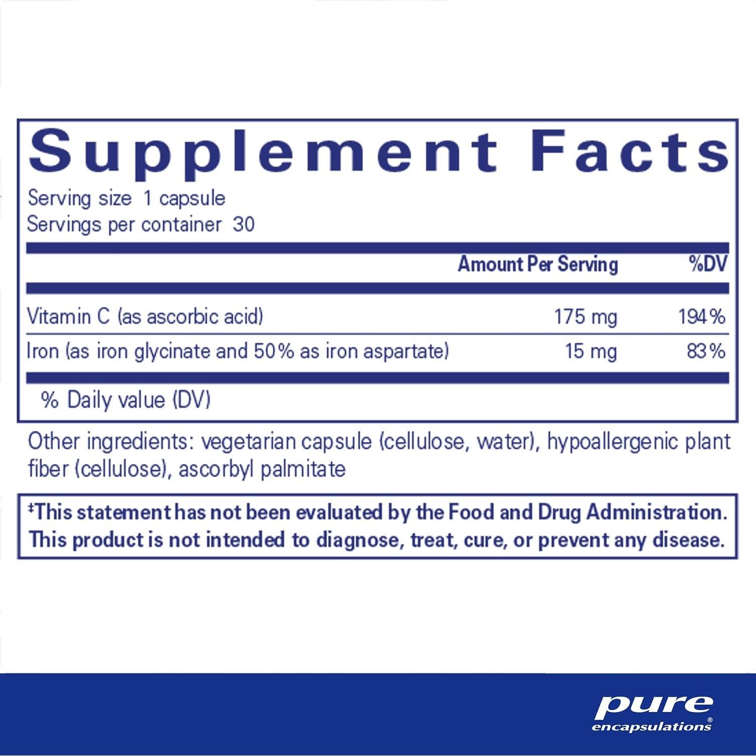 Suplemento de Hierro-C Pure Encapsulations 30 Cápsulas 15 mg