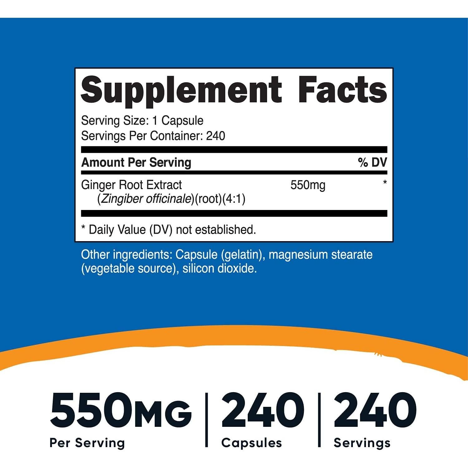 Extracto de raíz de jengibre Nutricost 550mg - 240 cápsulas