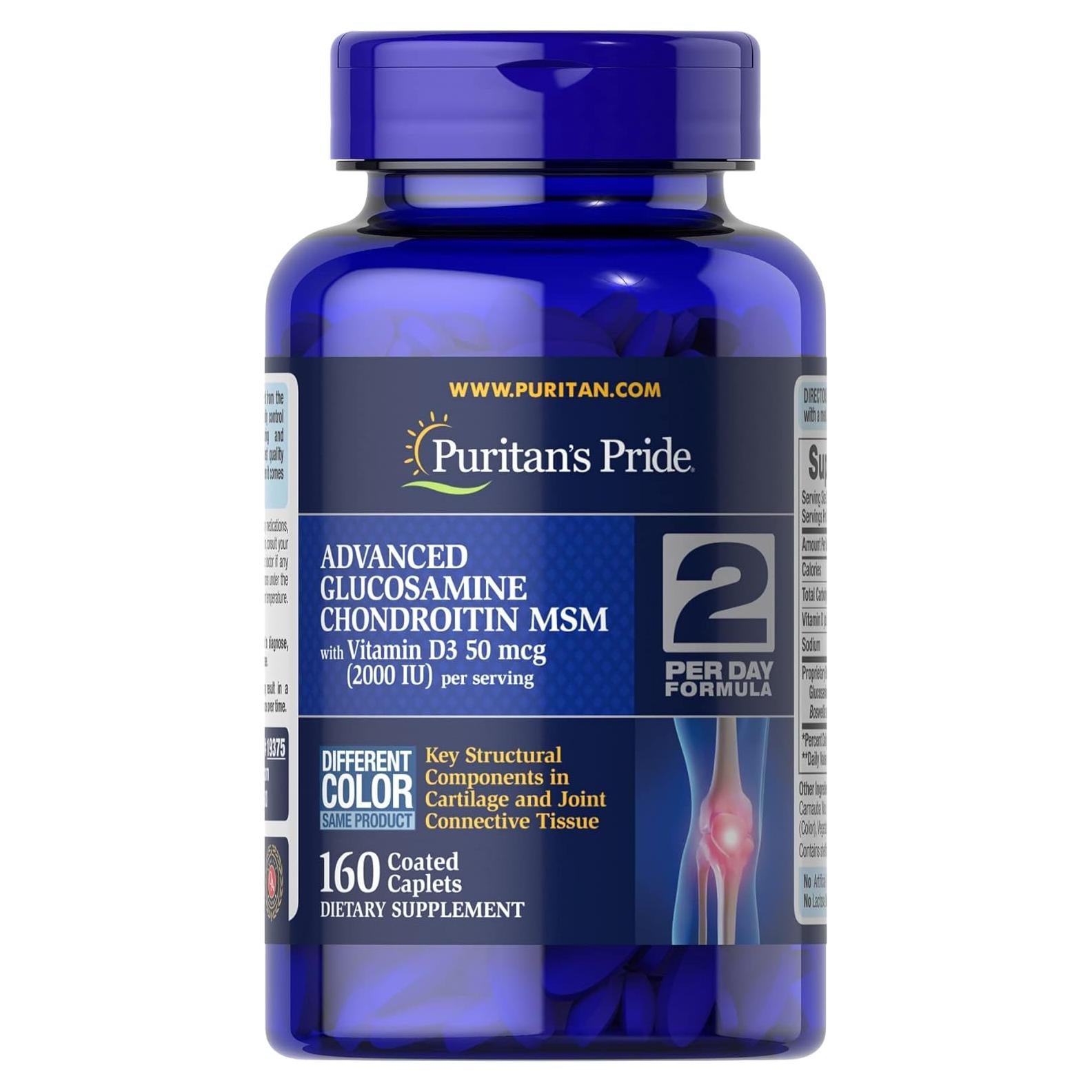 Suplemento de Glucosamina Condroitina MSM Puritan's Pride 160 Tabletas