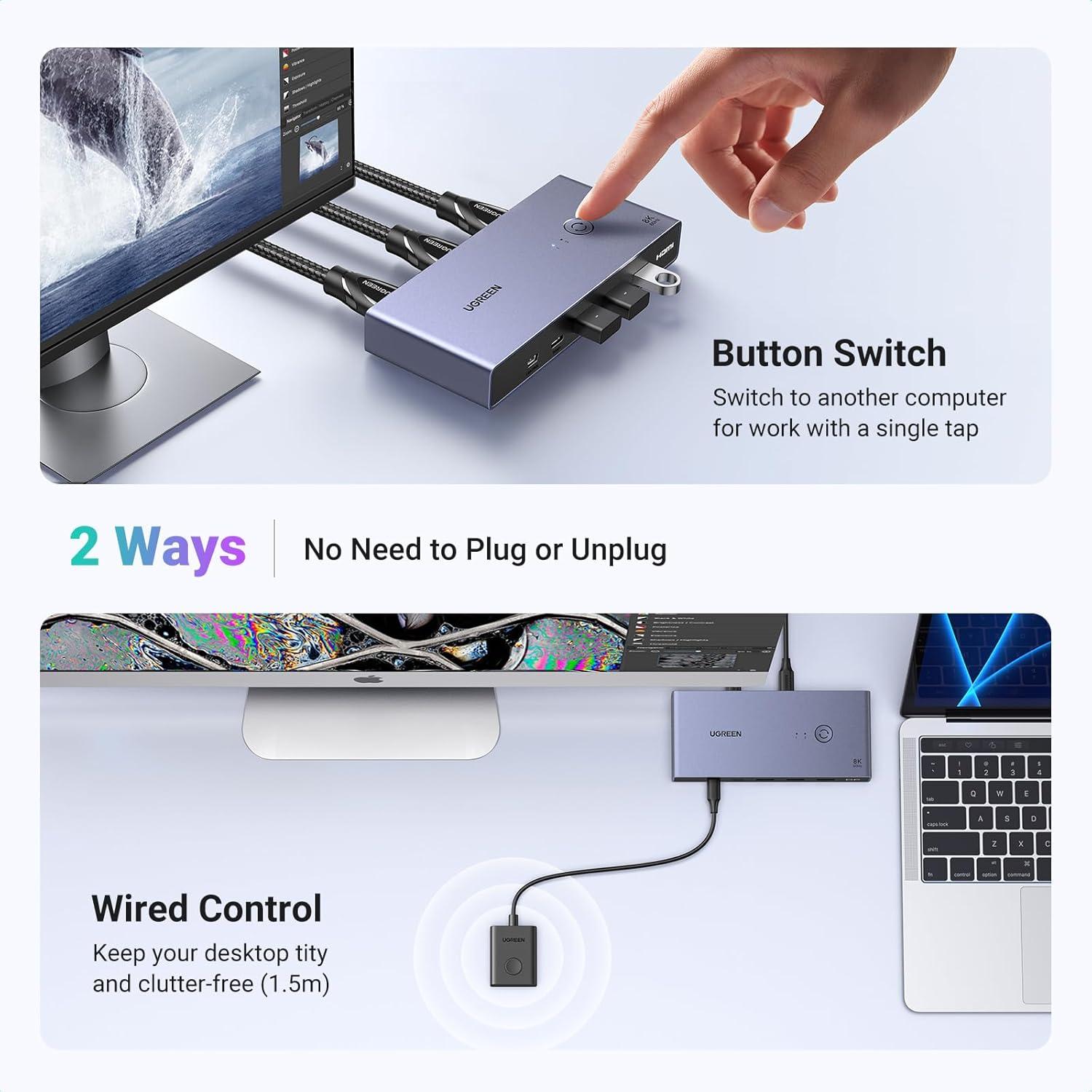 Interruptor KVM HDMI 8K UGREEN con 4 Puertos USB 3.0