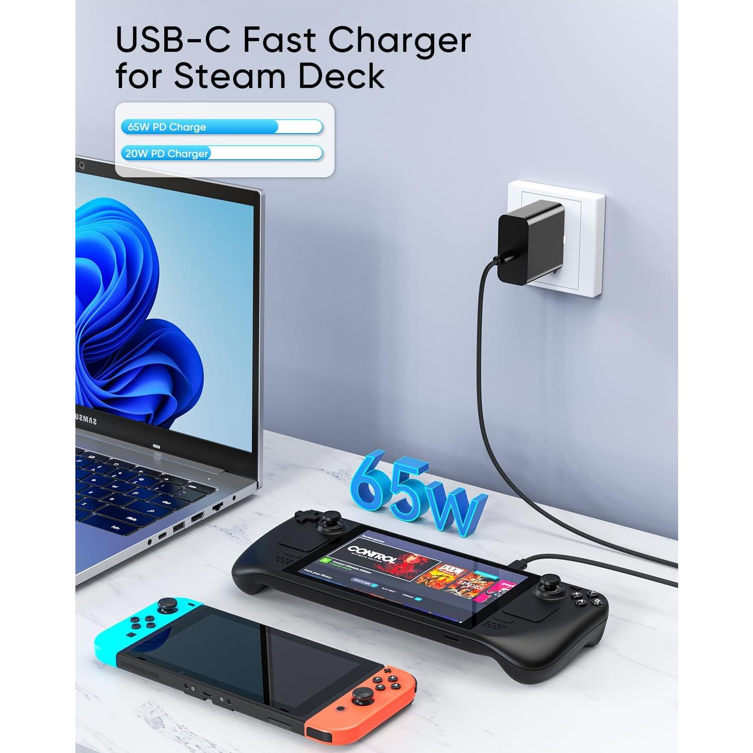 Cargador Rápido USB C 65W MEENEA con Cable 2m para Steam Deck
