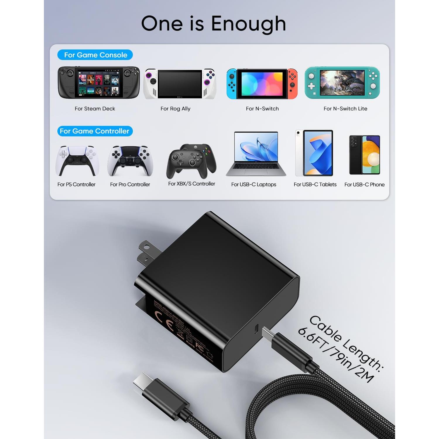 Cargador Rápido USB C 65W MEENEA con Cable 2m para Steam Deck