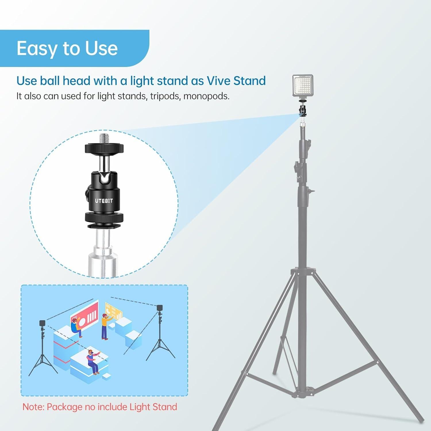 Cabezal de bola de trípode UTEBIT 12mm 2 paquetes con zapata 1/4"