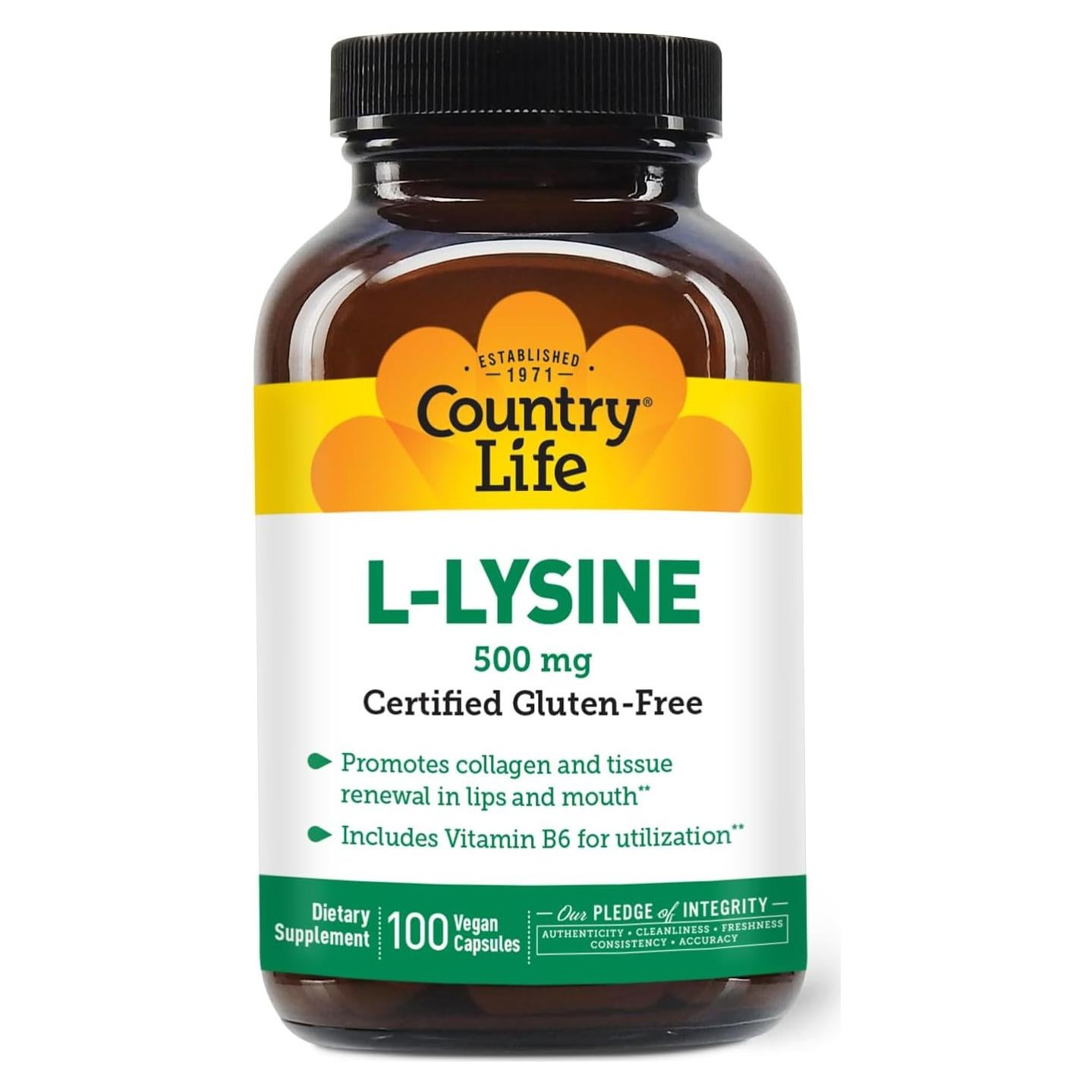 Suplemento L-Lisina 1000mg Country Life con B6 100 Cápsulas Veganas