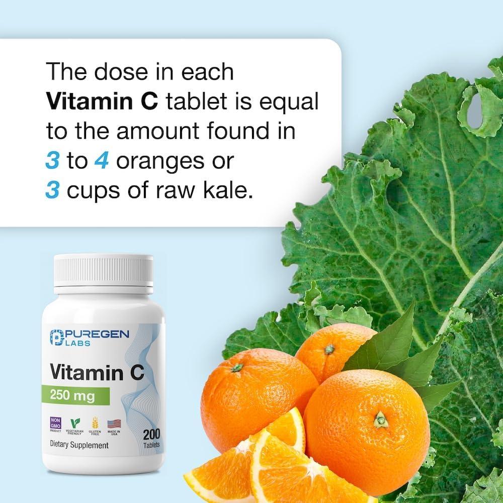 Vitamina C 250 mg Puregen Labs - 200 Tabletas Antioxidantes