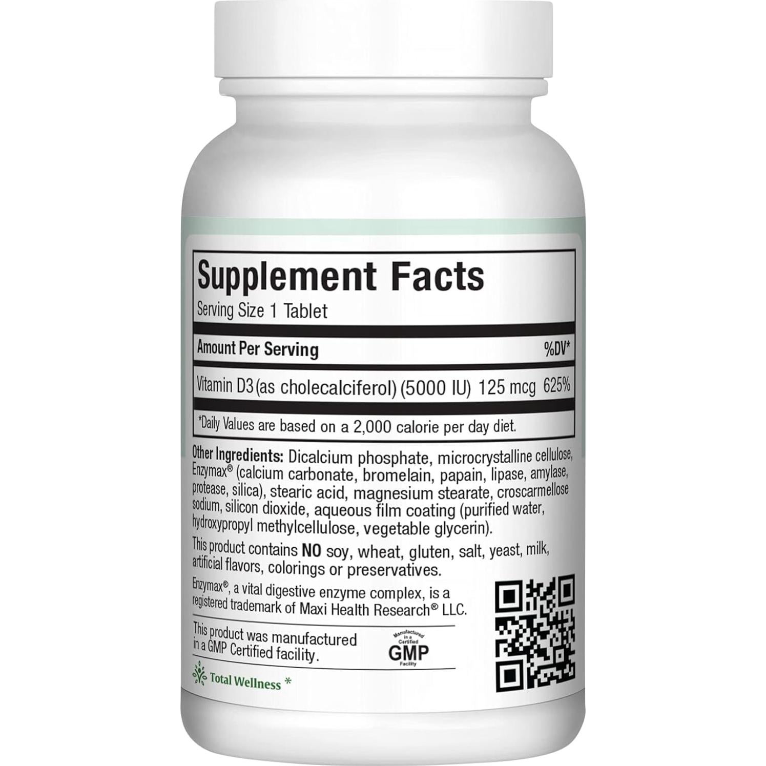 Vitamina D3 5000 UI Maxi Health - 180 Tabletas para Huesos y Sistema Inmunológico