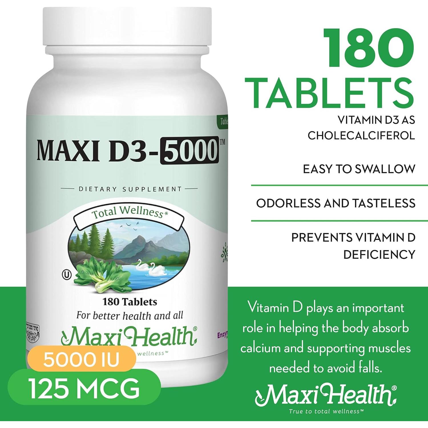 Vitamina D3 5000 UI Maxi Health - 180 Tabletas para Huesos y Sistema Inmunológico