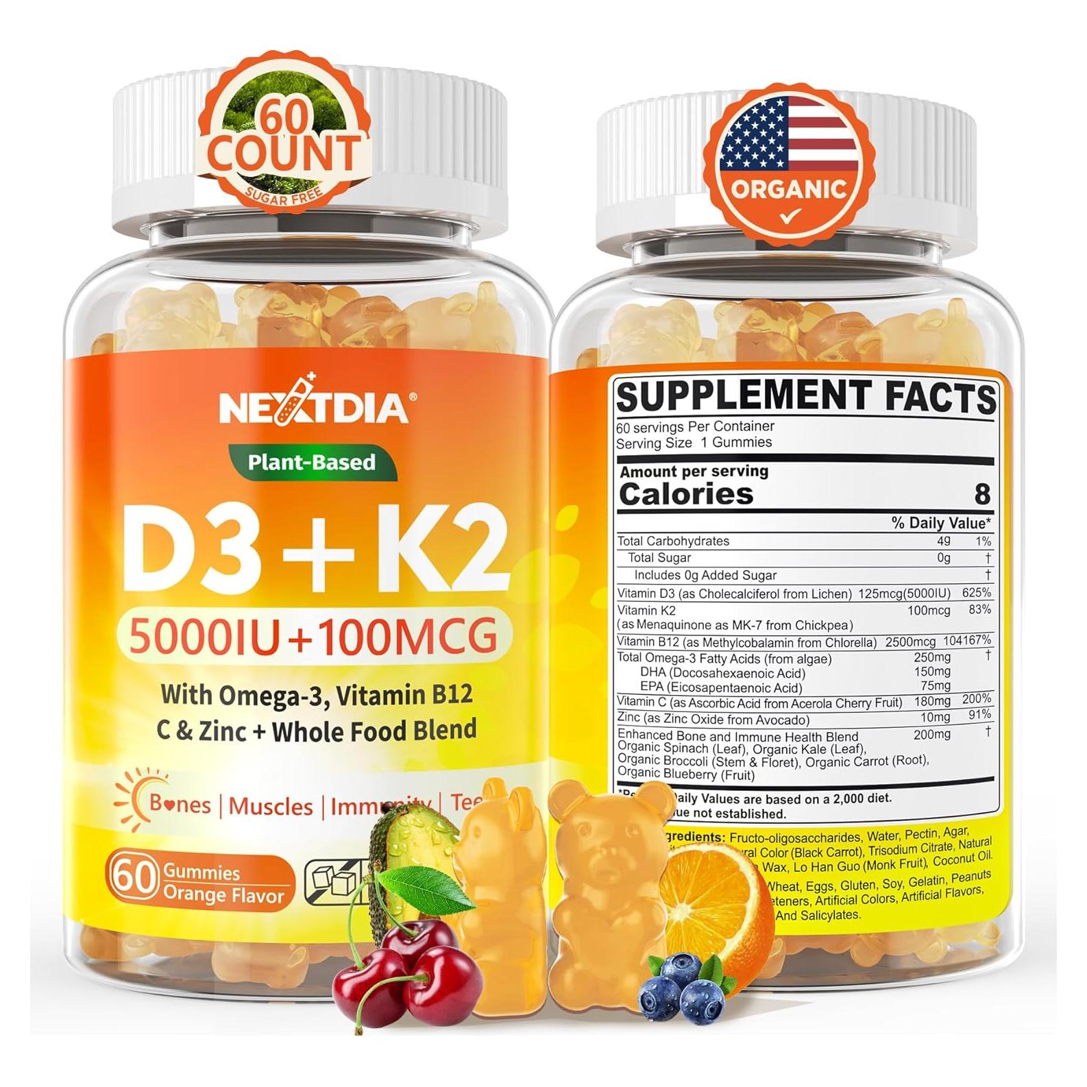 Vitamina D3 Orgánica 5000 UI + K2 MK-7 100 mcg Nextdia