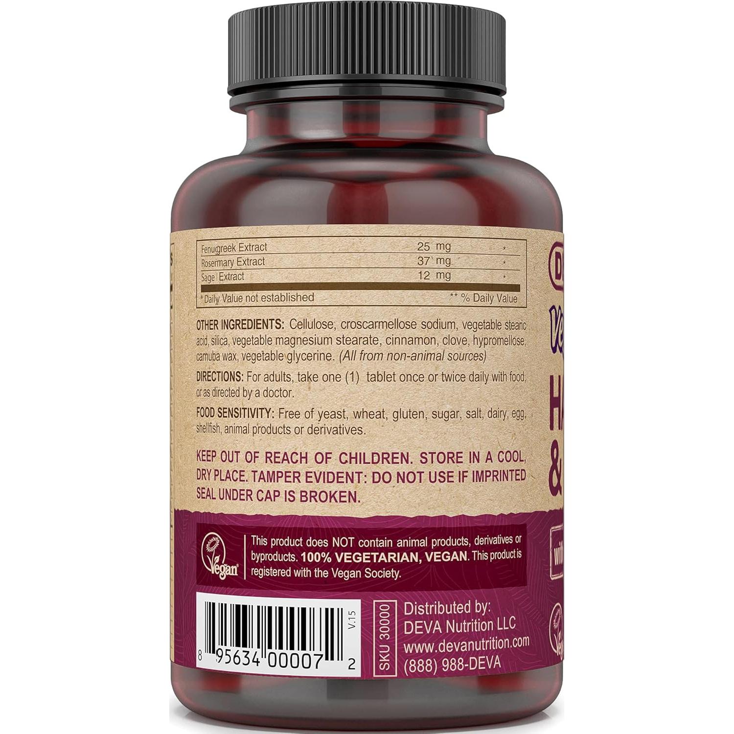 Suplemento Vegano DEVA para Cabello, Uñas y Piel - 90 Tabletas con Biotina