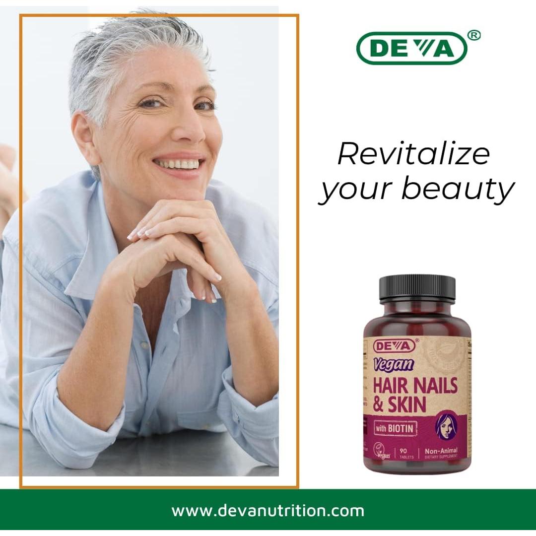 Suplemento Vegano DEVA para Cabello, Uñas y Piel - 90 Tabletas con Biotina