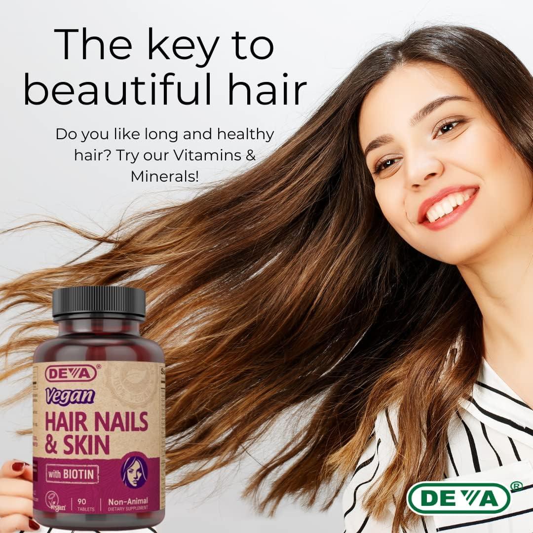 Suplemento Vegano DEVA para Cabello, Uñas y Piel - 90 Tabletas con Biotina