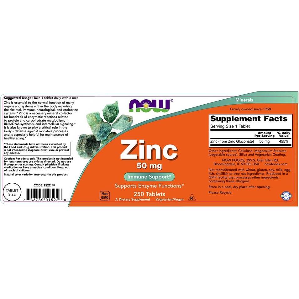 NOW Gluconato de Zinc 50 mg 250 Tabletas Veganas