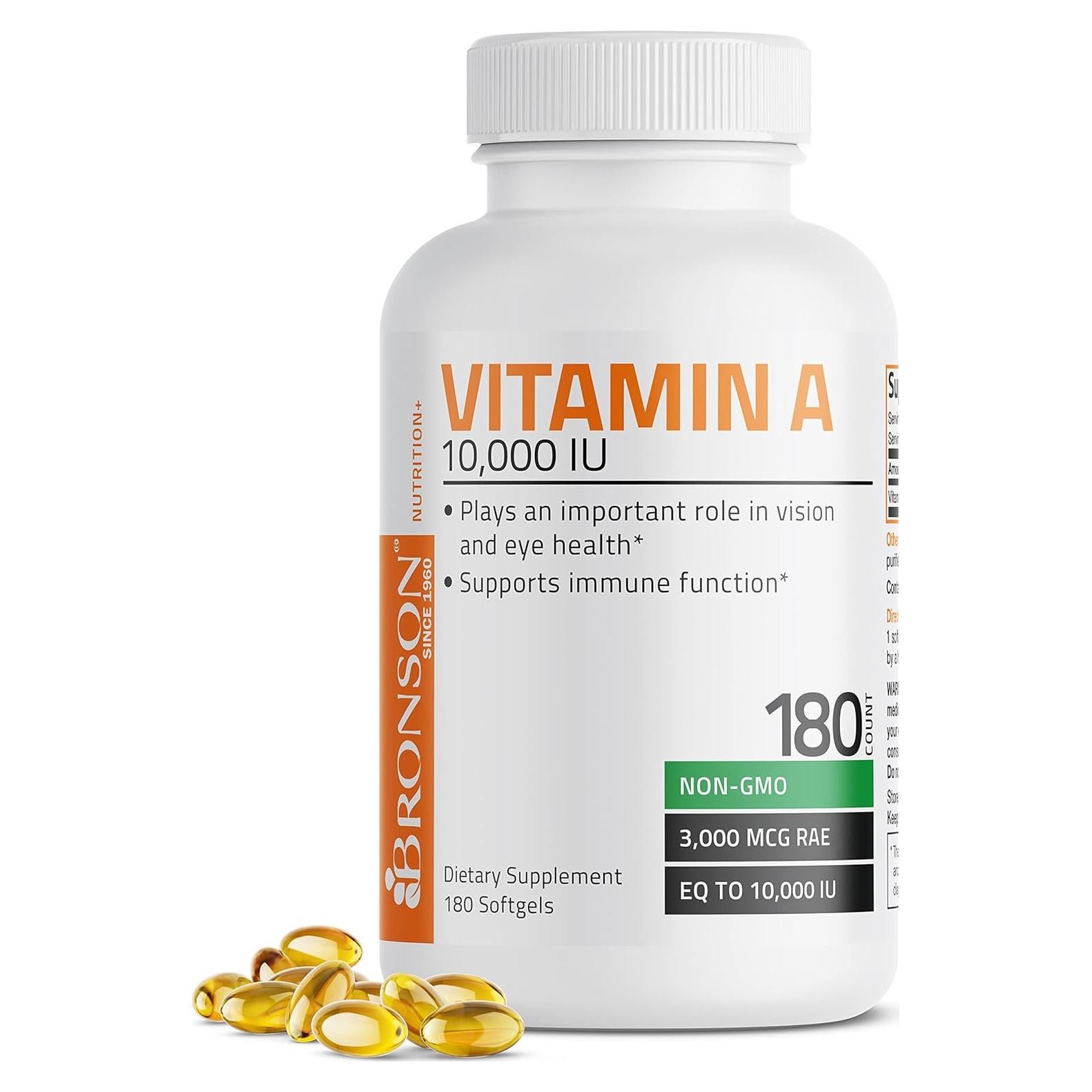 Suplemento de Vitamina A Bronson 10,000 UI 180 Softgels