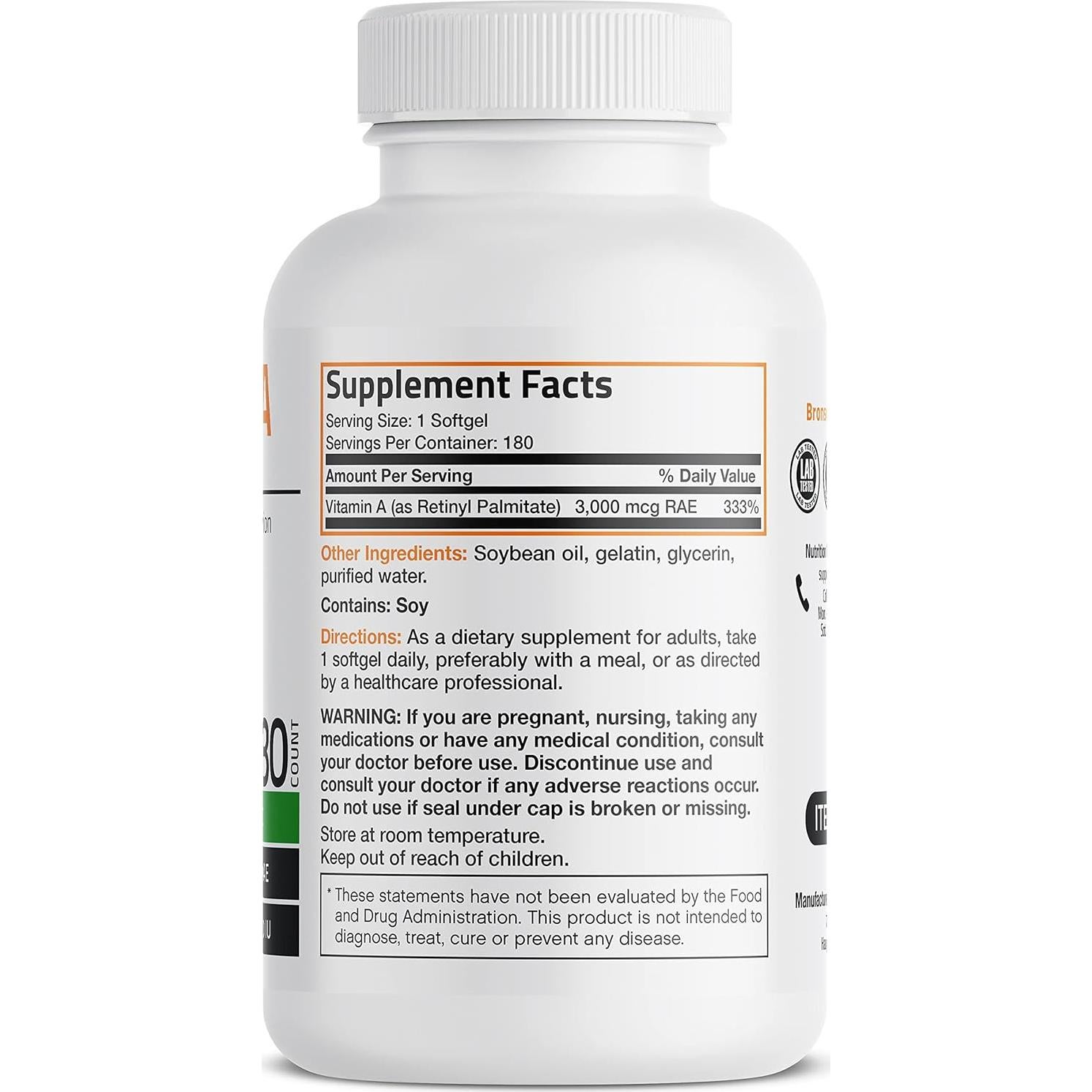 Suplemento de Vitamina A Bronson 10,000 UI 180 Softgels