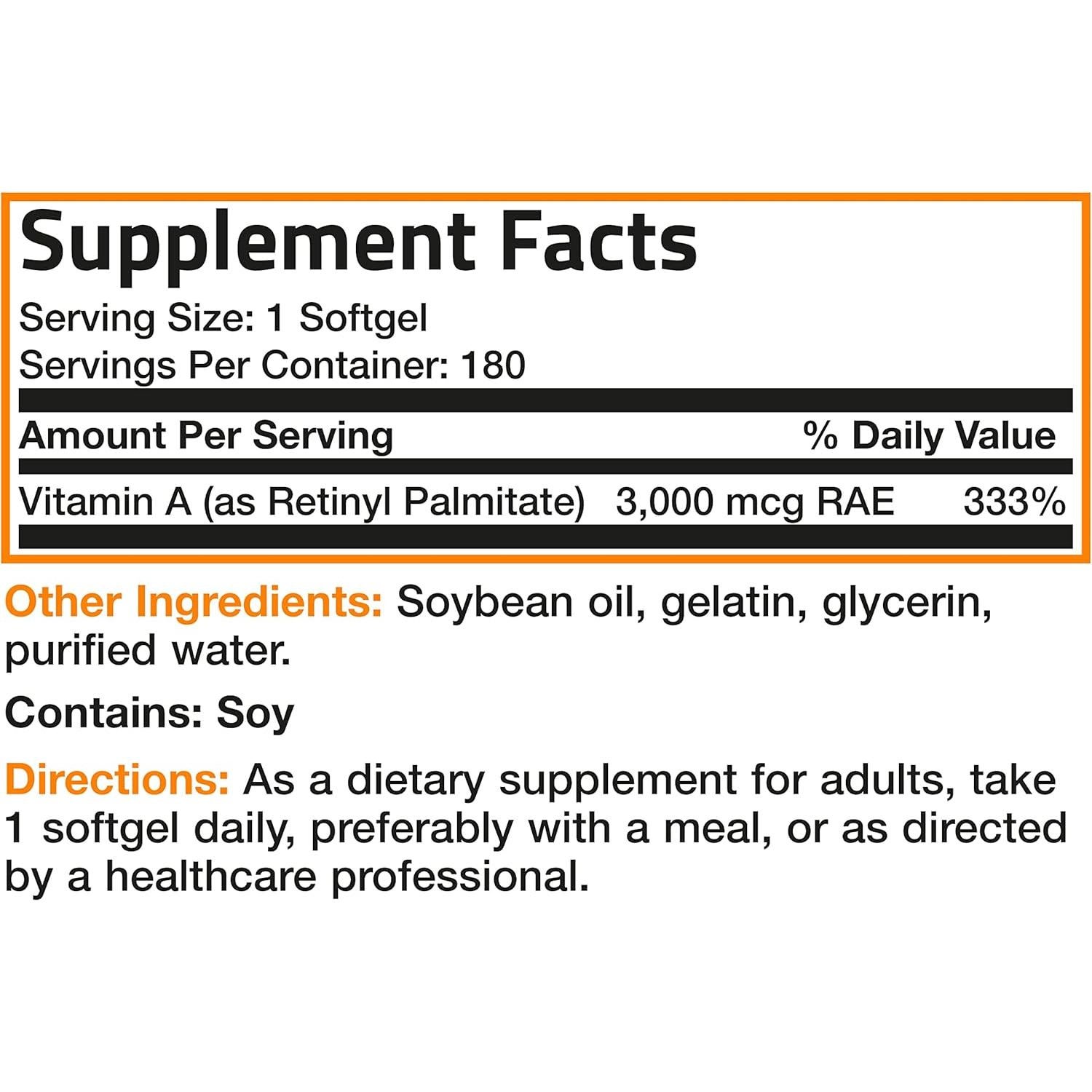 Suplemento de Vitamina A Bronson 10,000 UI 180 Softgels