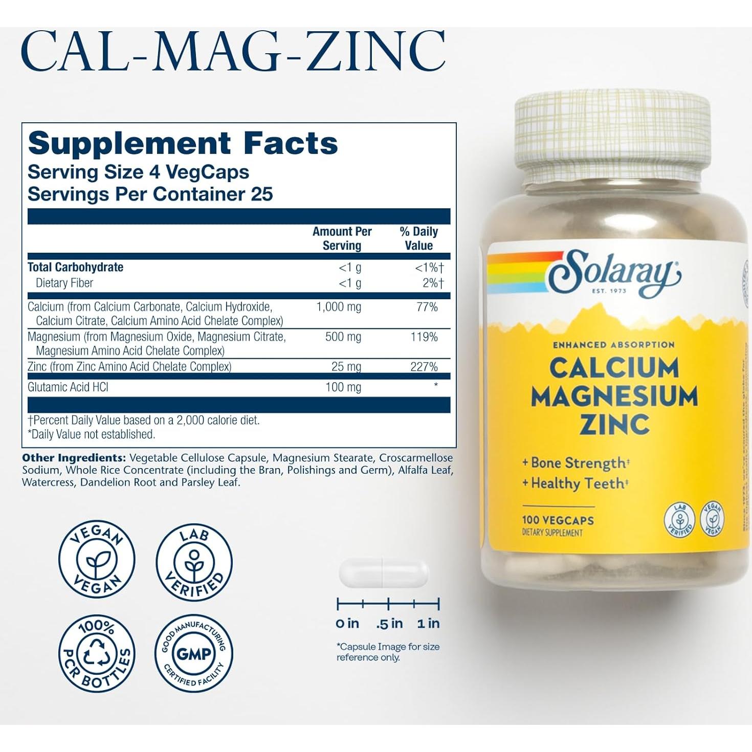 Suplemento Solaray Calcio Magnesio Zinc 1000mg 500mg 25 VegCaps