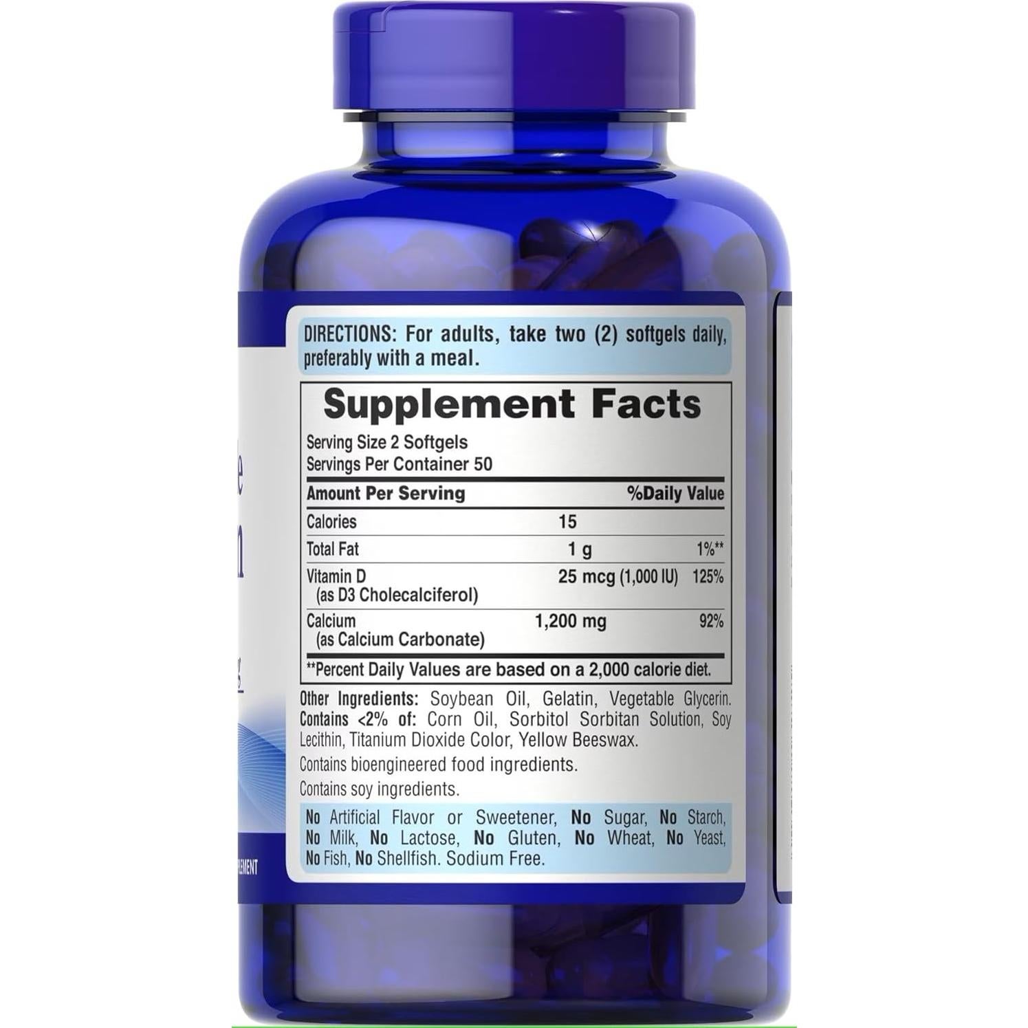 Calcio Absorbible Puritan's Pride 1200 mg + Vitamina D3 25 mcg