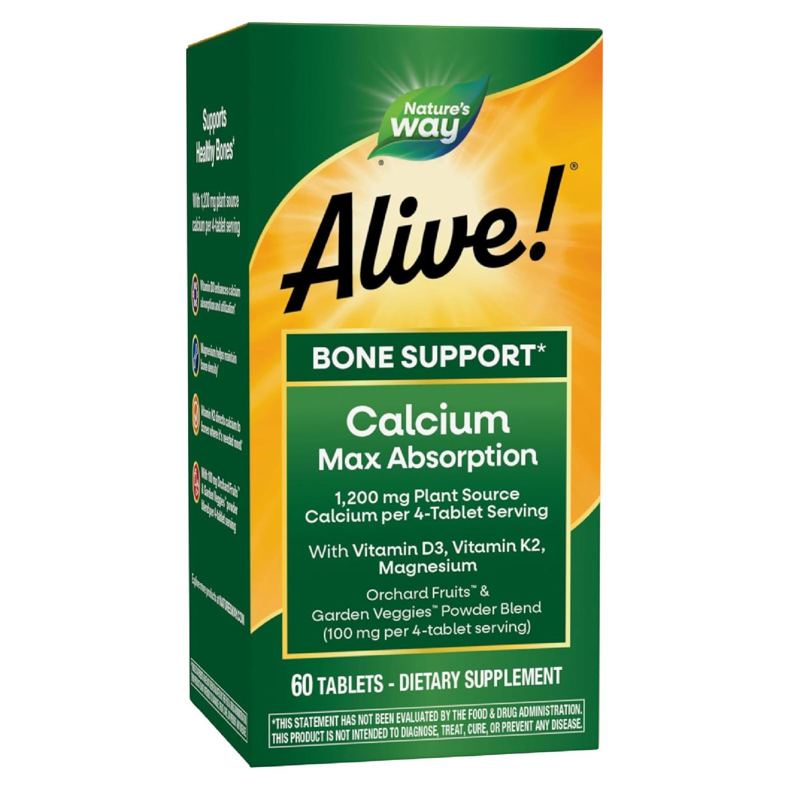 Nature's Way Alive! Calcio 1200 mg + D3, K2 y Magnesio 60 Tabletas